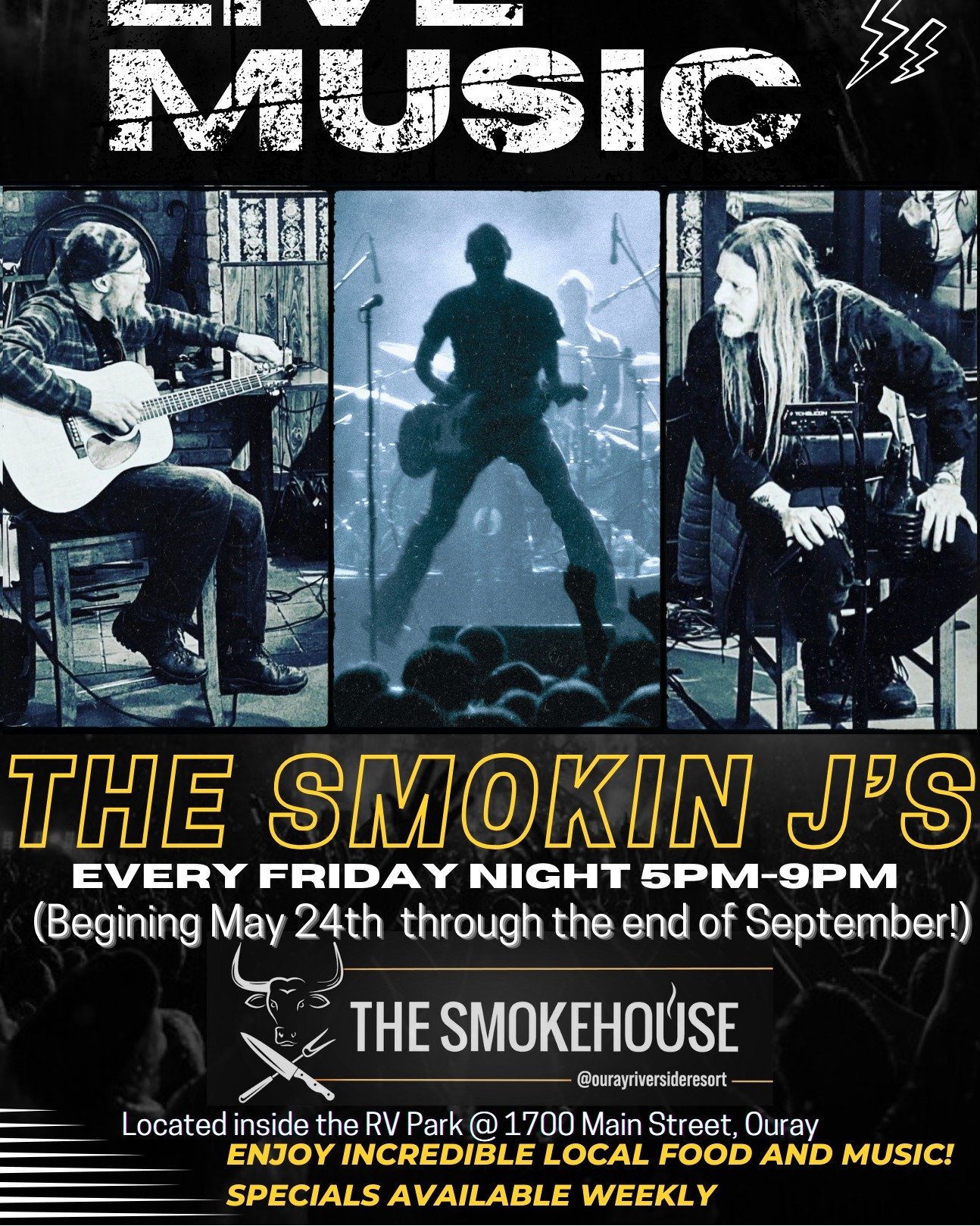 Every Friday thru the summer, enjoy live music with the Smokin' Js!  The perfect pairing with your Smokehouse favorites. 

#ouray #ouraycolorado