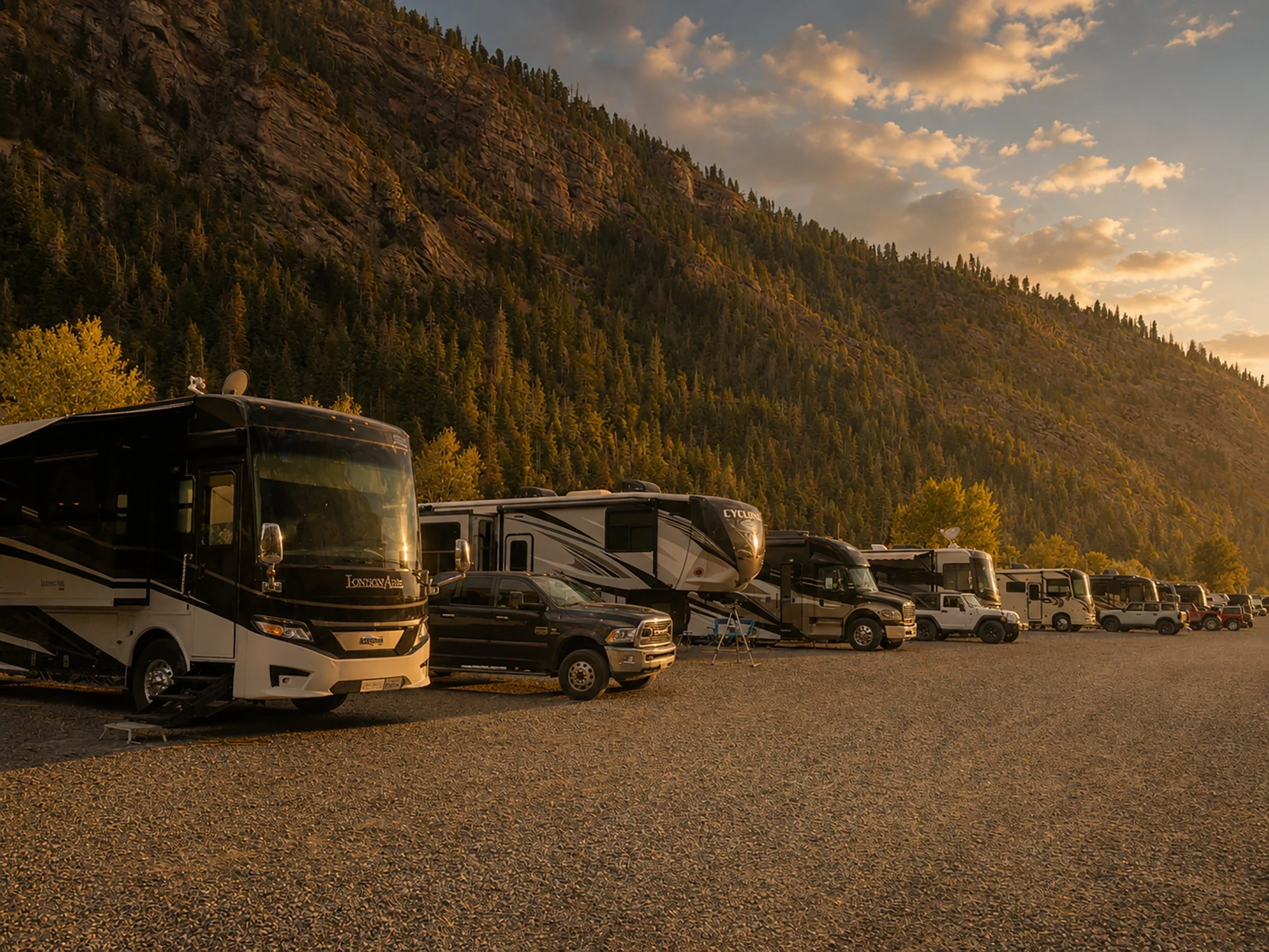 A parking lot with several RVs and motorhomes parked on a gravel surface, with a mountainous forested landscape and a partly cloudy sky in the background during sunset.