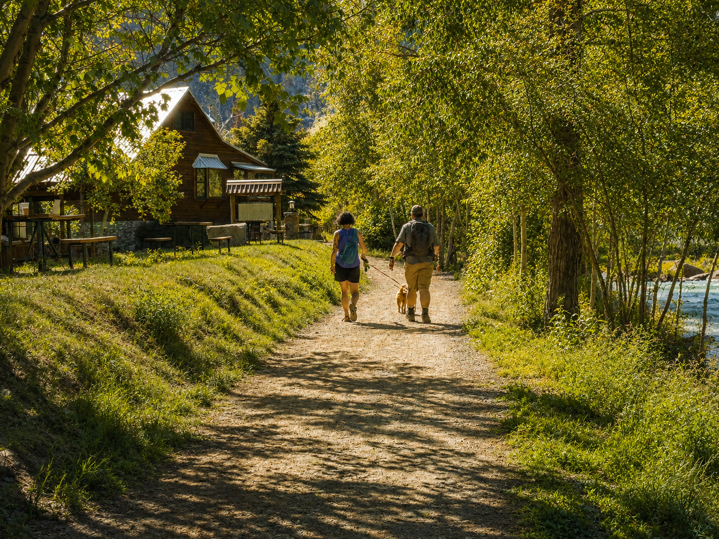 Two people walking with a small dog on a dirt trail surrounded by green trees and plants, with a wooden house visible on the left side of the trail.