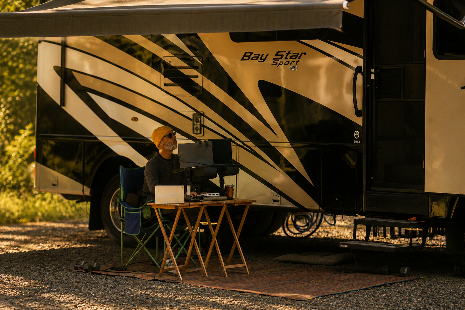 An elderly man sitting at a folding table outside, with a laptop and other electronic devices, next to a large black and white recreational vehicle, during sunset.