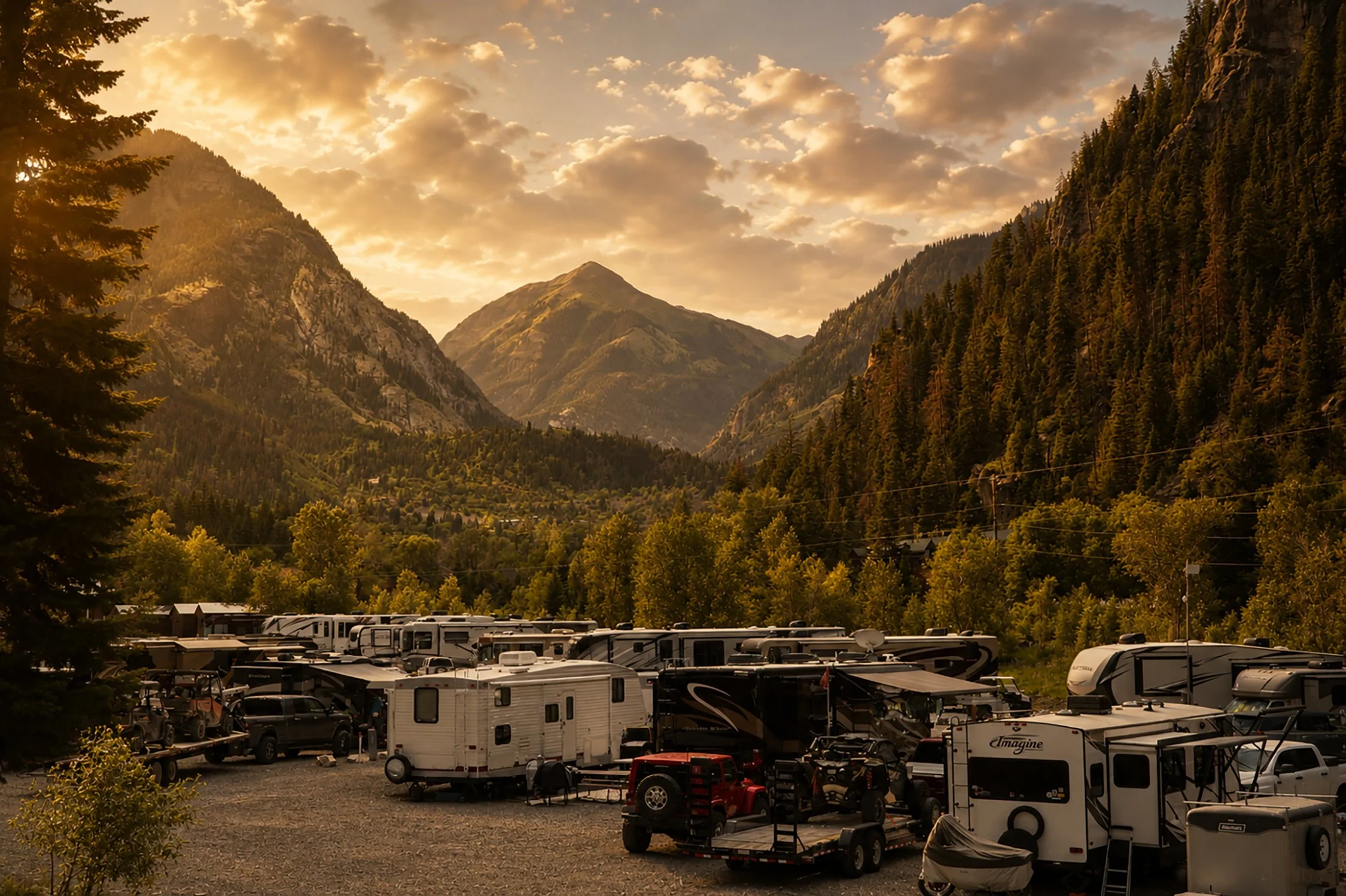 A campground with RVs and trailers parked in front of mountains with a partly cloudy sky at sunset.