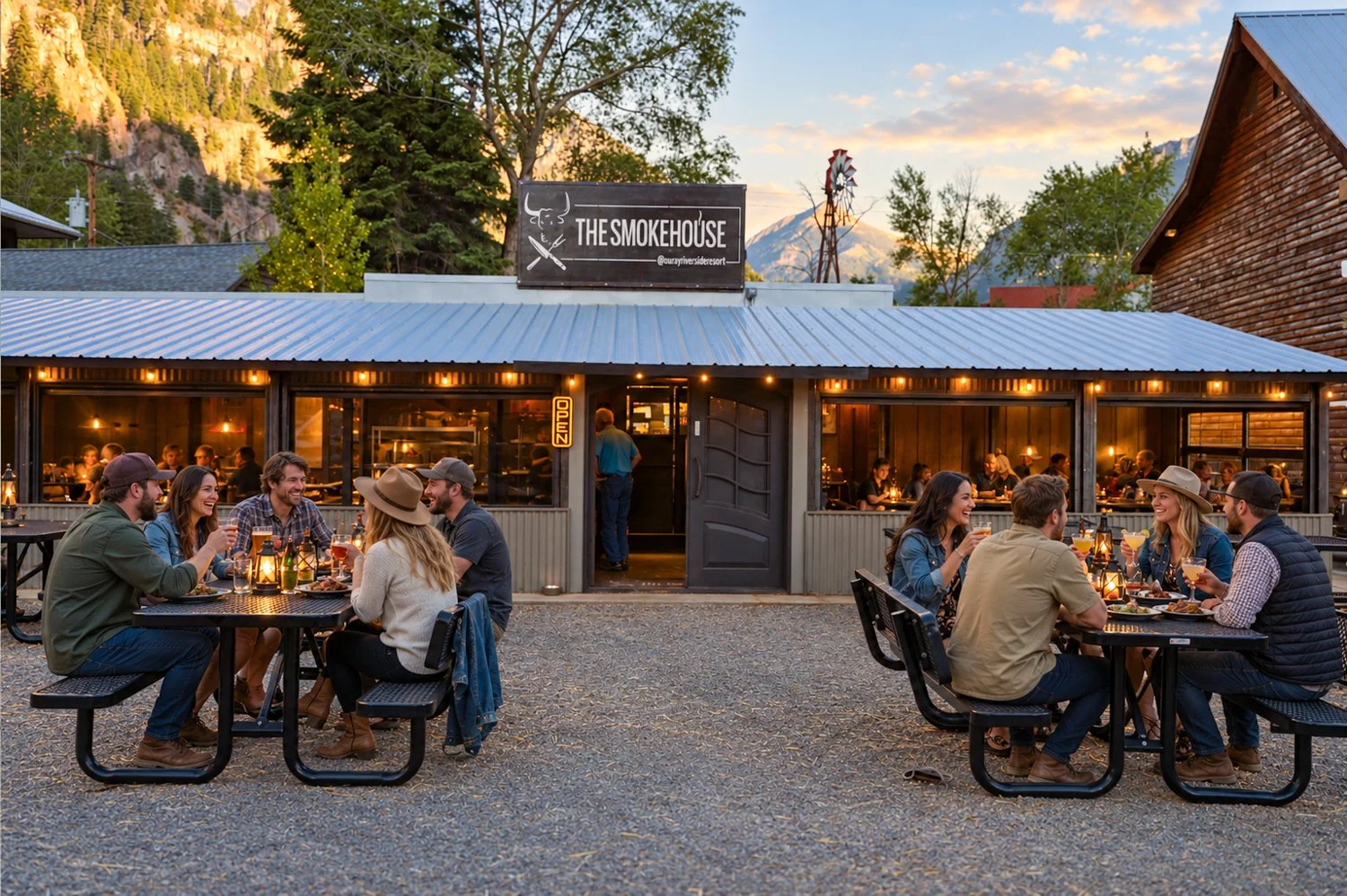 Small group gathering outdoors at The Smokehouse at Ouray Riverside Resort