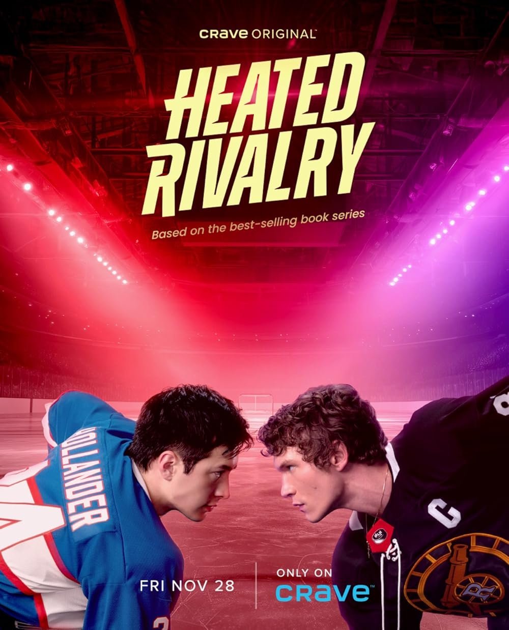 A poster for the Crave TV show Heated Rivalry, in which the two leads square off helmetless for a face-off.