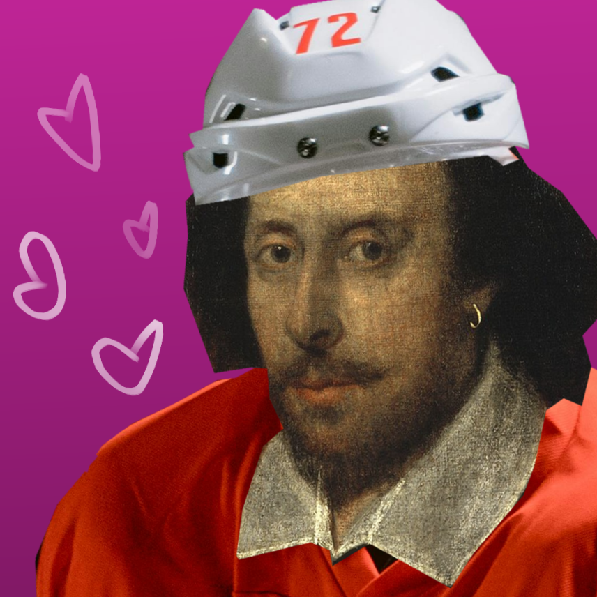 Shakespeare in a hockey helmet against a pink background with floating hearts