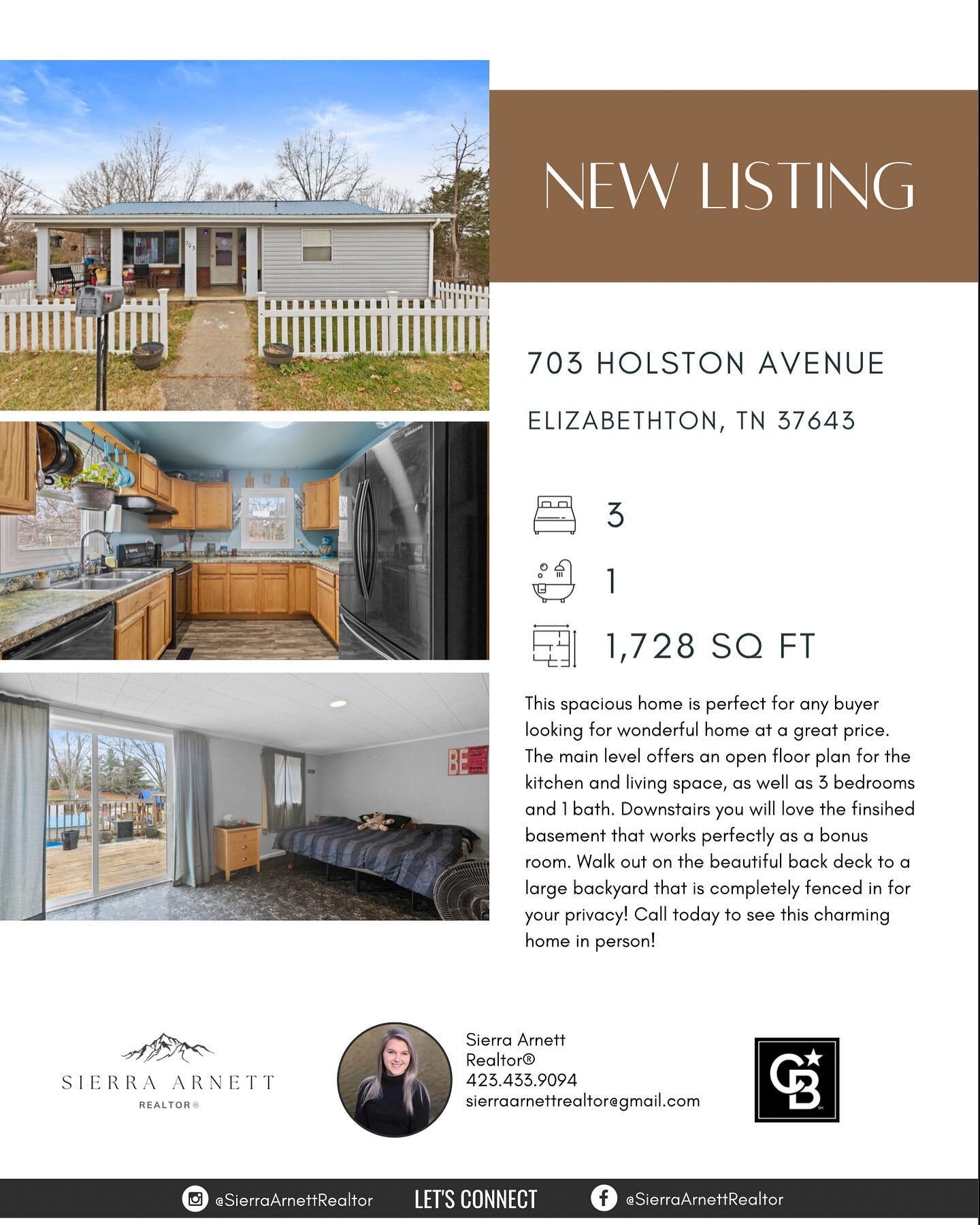 &bull;&bull;&bull;New Listing&bull;&bull;&bull;

703 Holston Avenue
Elizabethton, TN 37643
$118,000

This spacious home is perfect for any buyer looking for wonderful home at a great price. The main level offers an open floor plan for the kitchen and