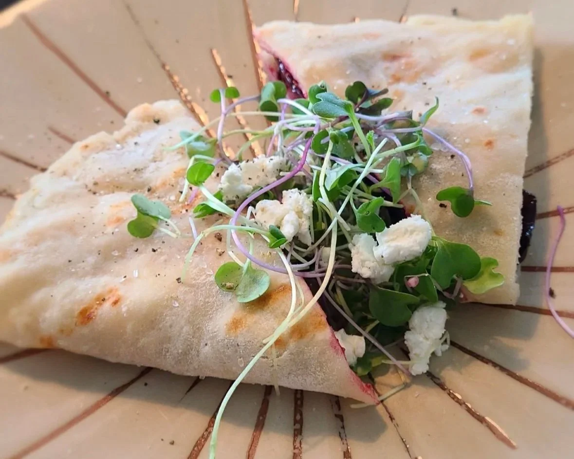 Red lentil Dosa with Beets and Microgreens