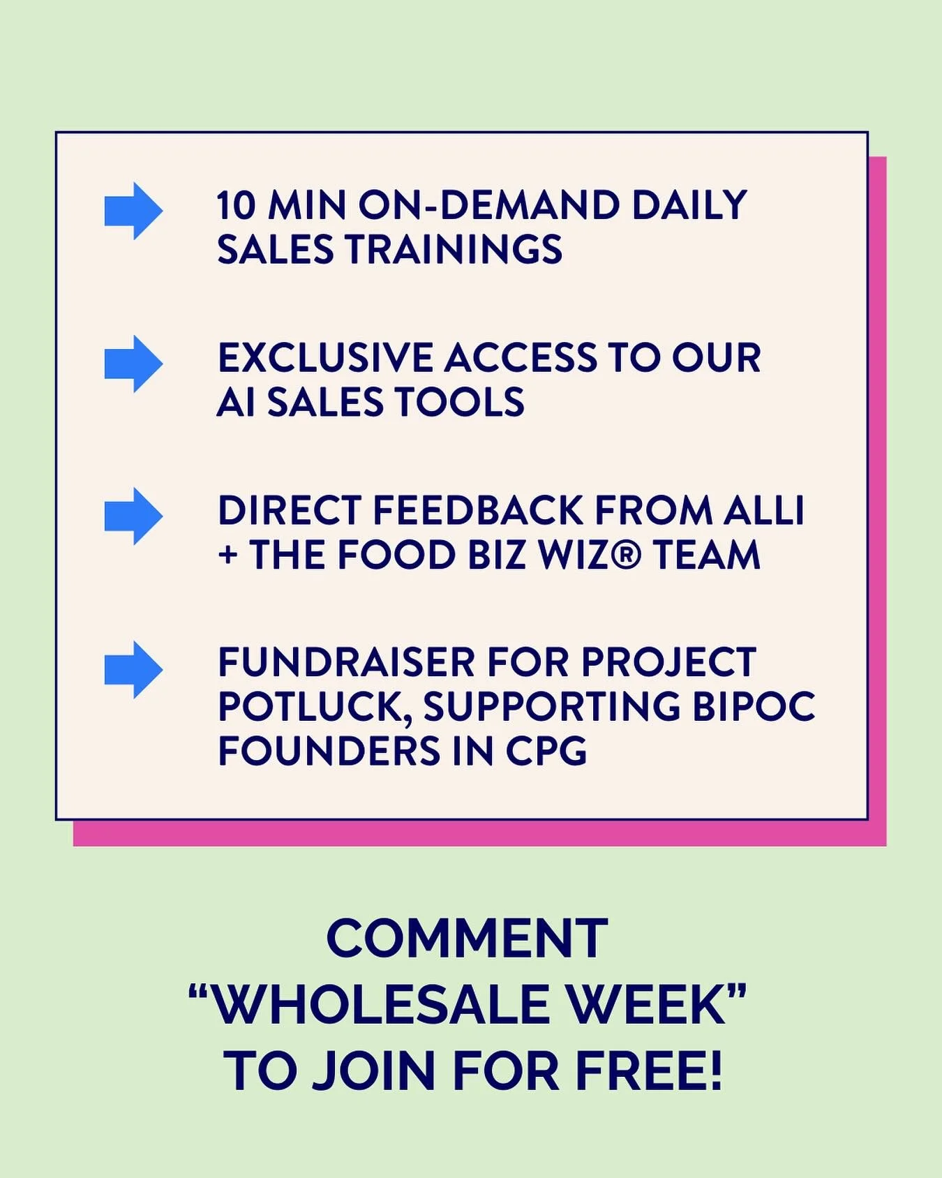 Comment WHOLESALE WEEK to join for free!⁣
⁣
🛒 5 days of 10-minute sales trainings⁣
📦 For food, bev, wellness, pet, supplement, and packaged product founders⁣
📅 Sept 8 - 12th, online + FREE⁣
🎁 Increase your accounts + reorders before the Fourth Qu
