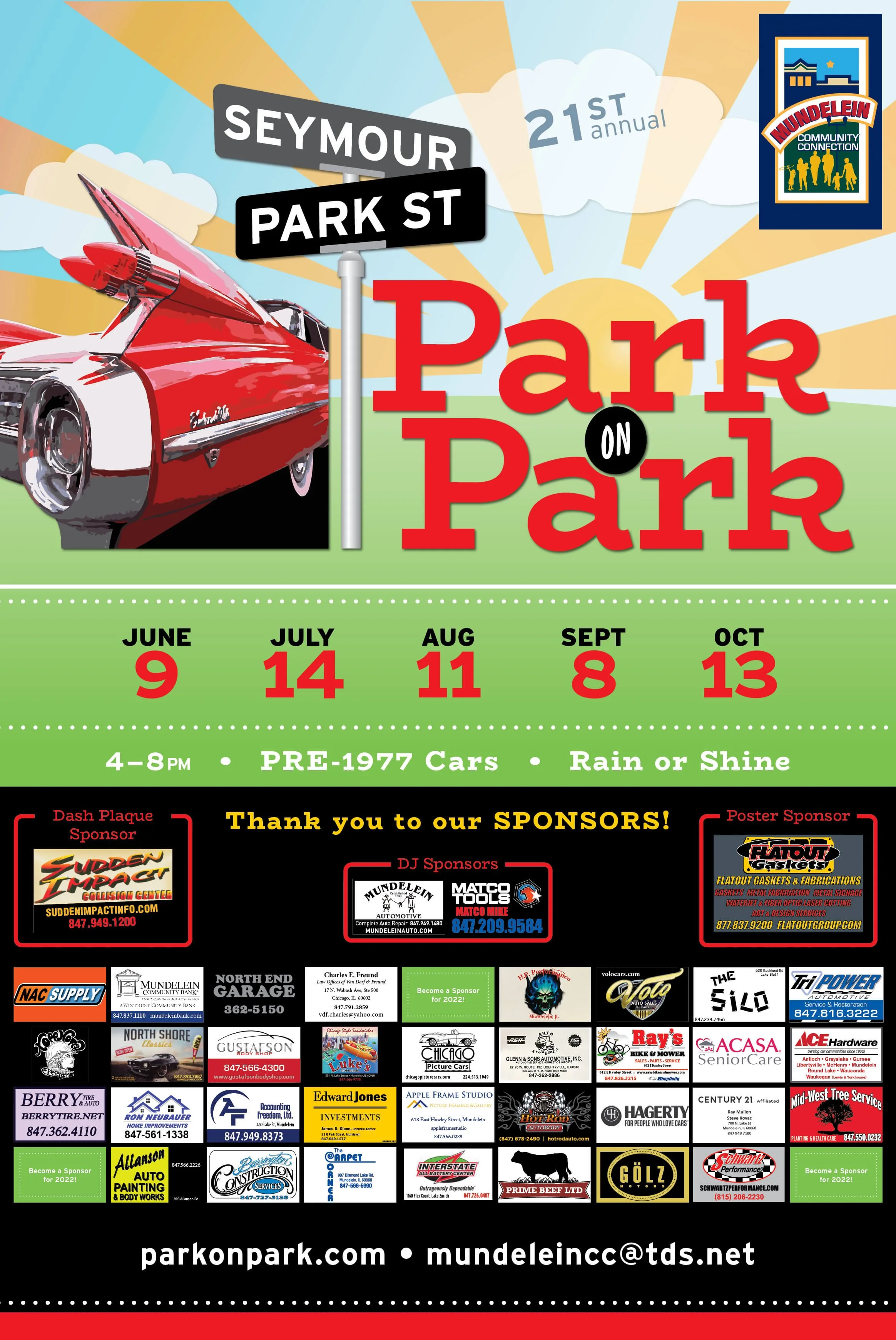 Poster advertising the 21st annual 'Park on Park' event on Seymour and Park Street. Features a red classic car with a blue sky, clouds, and a sunrise background, with sponsor logos and event details.