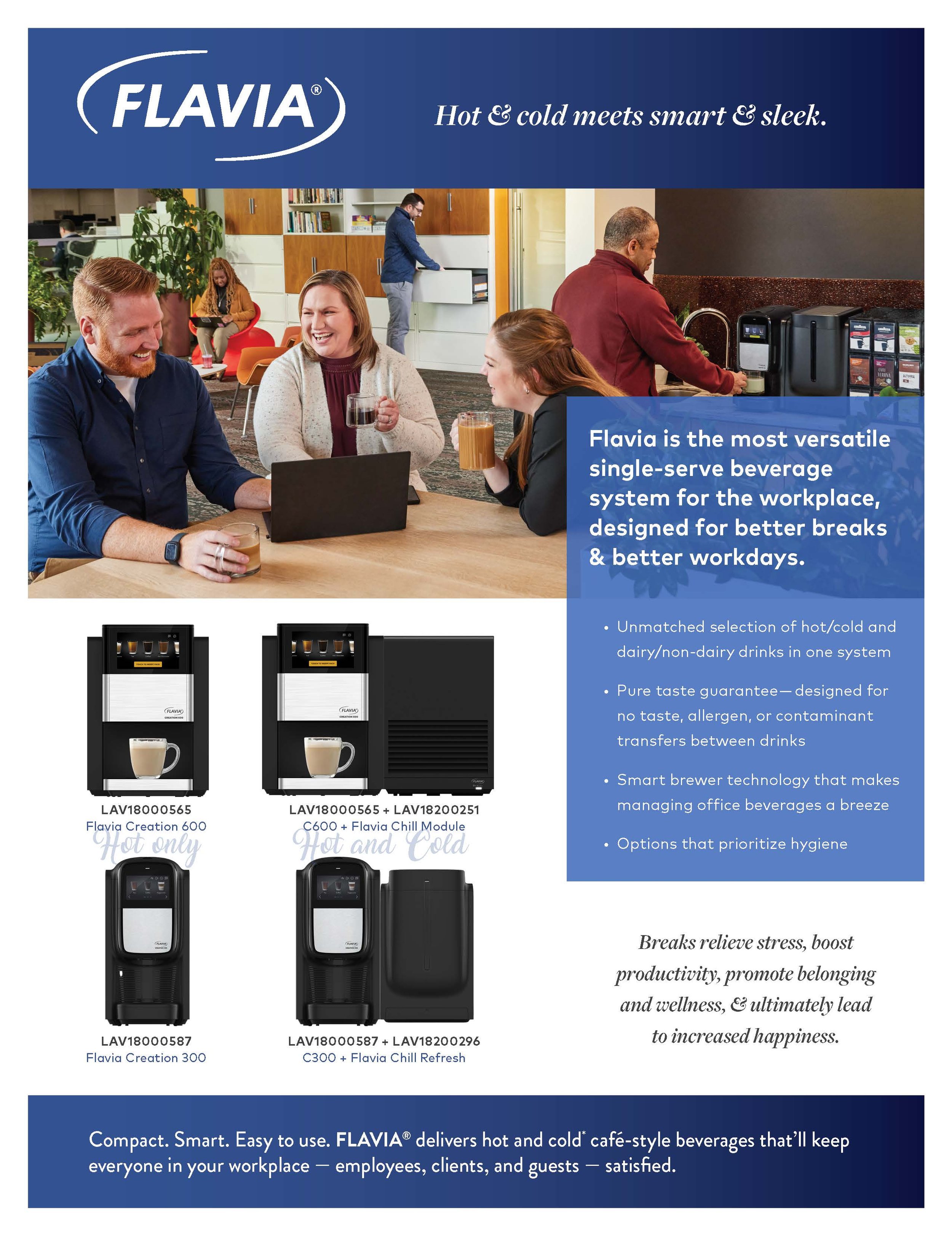 Advertisement for Flavia beverage system featuring images of different coffee/tea machines, a group of people working and enjoying beverages in a modern office lounge.