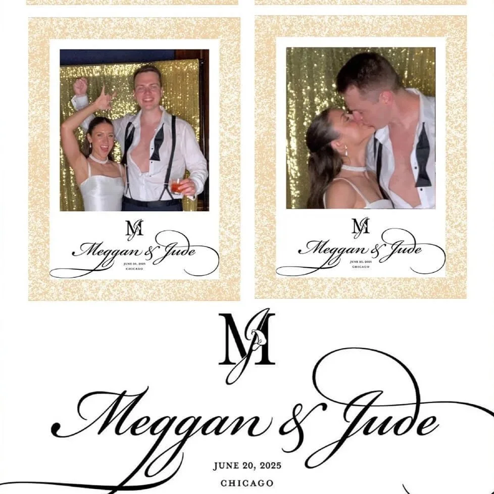 Two photo booth images of a couple at their wedding. The first photo shows them smiling and celebrating, the second shows them kissing. The bottom section features their names in elegant script along with the wedding date and location.