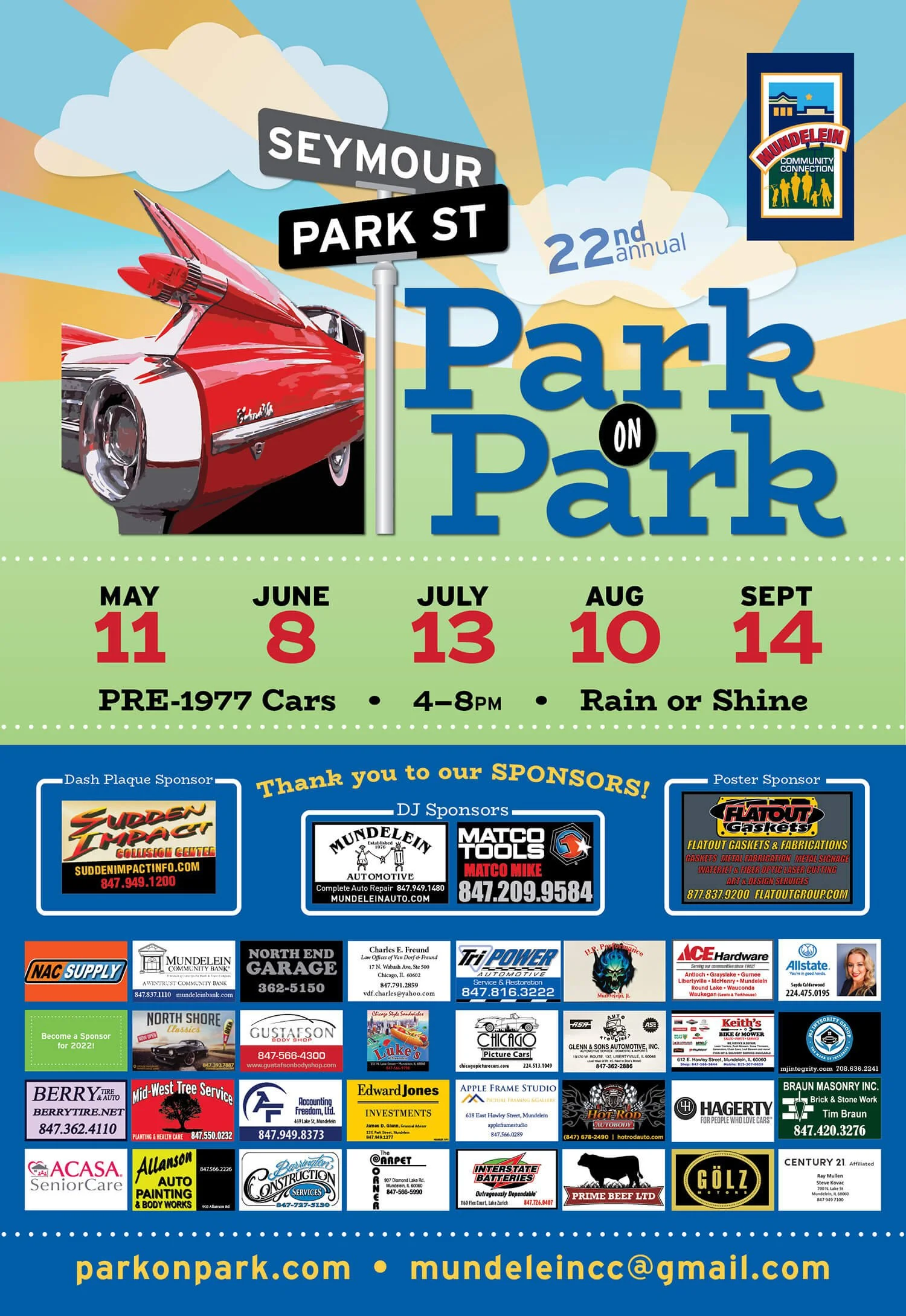 Poster for the 22nd annual 'Park on Park' event featuring a red vintage car, event details, and sponsor logos.