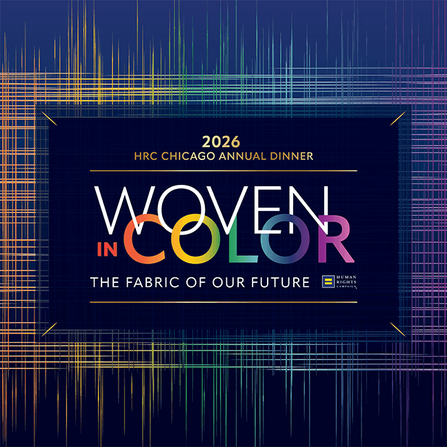 Event poster for the 2026 HRC Chicago Annual Dinner with the theme "Woven in Color," featuring a colorful woven fabric design and text emphasizing diversity and the future.