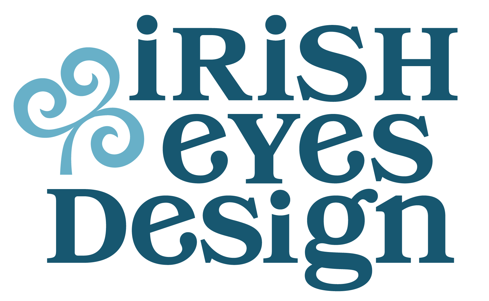 stylized shamrock in light blue next to dark blue words stating irish eyes design