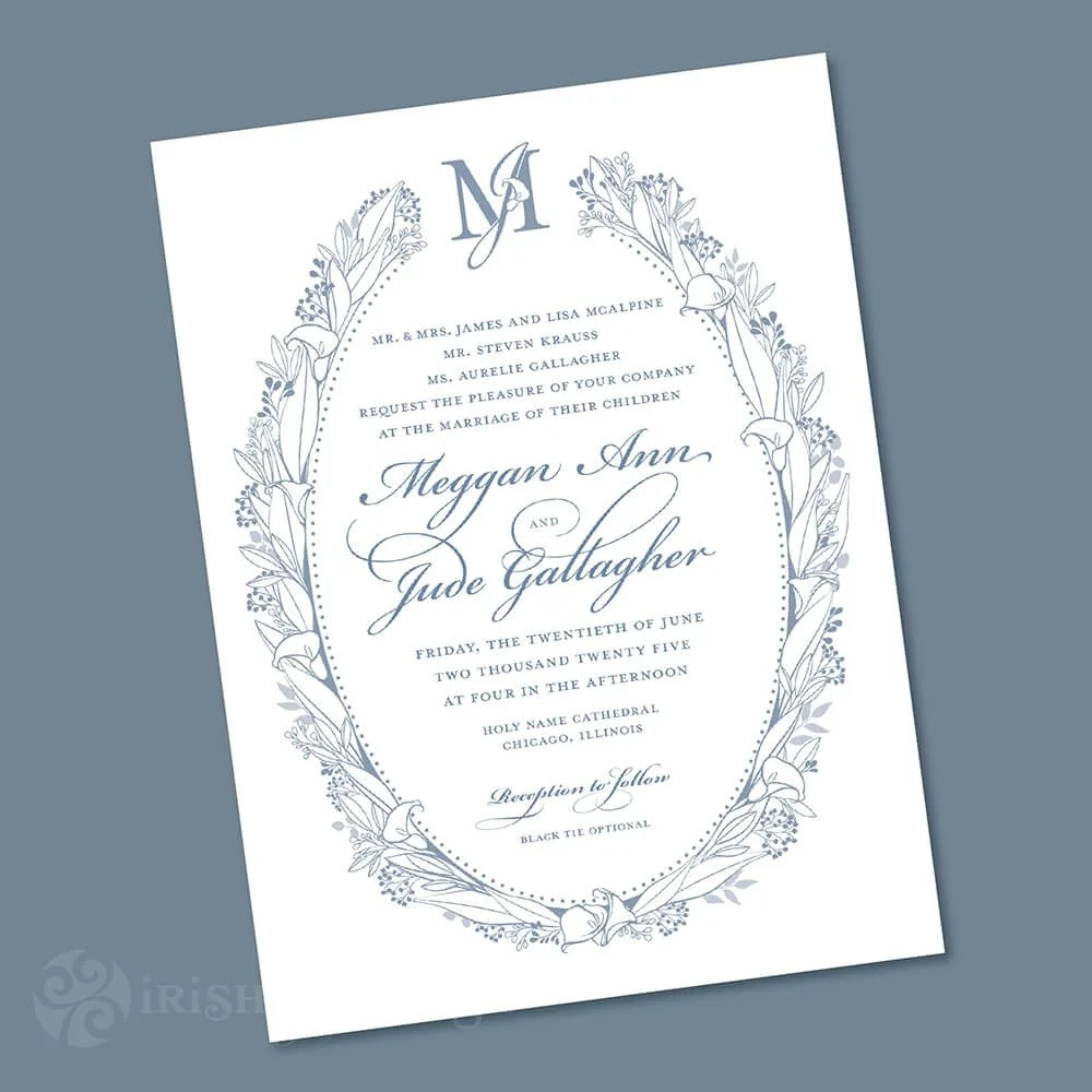 Blue floral oval around Invitation text