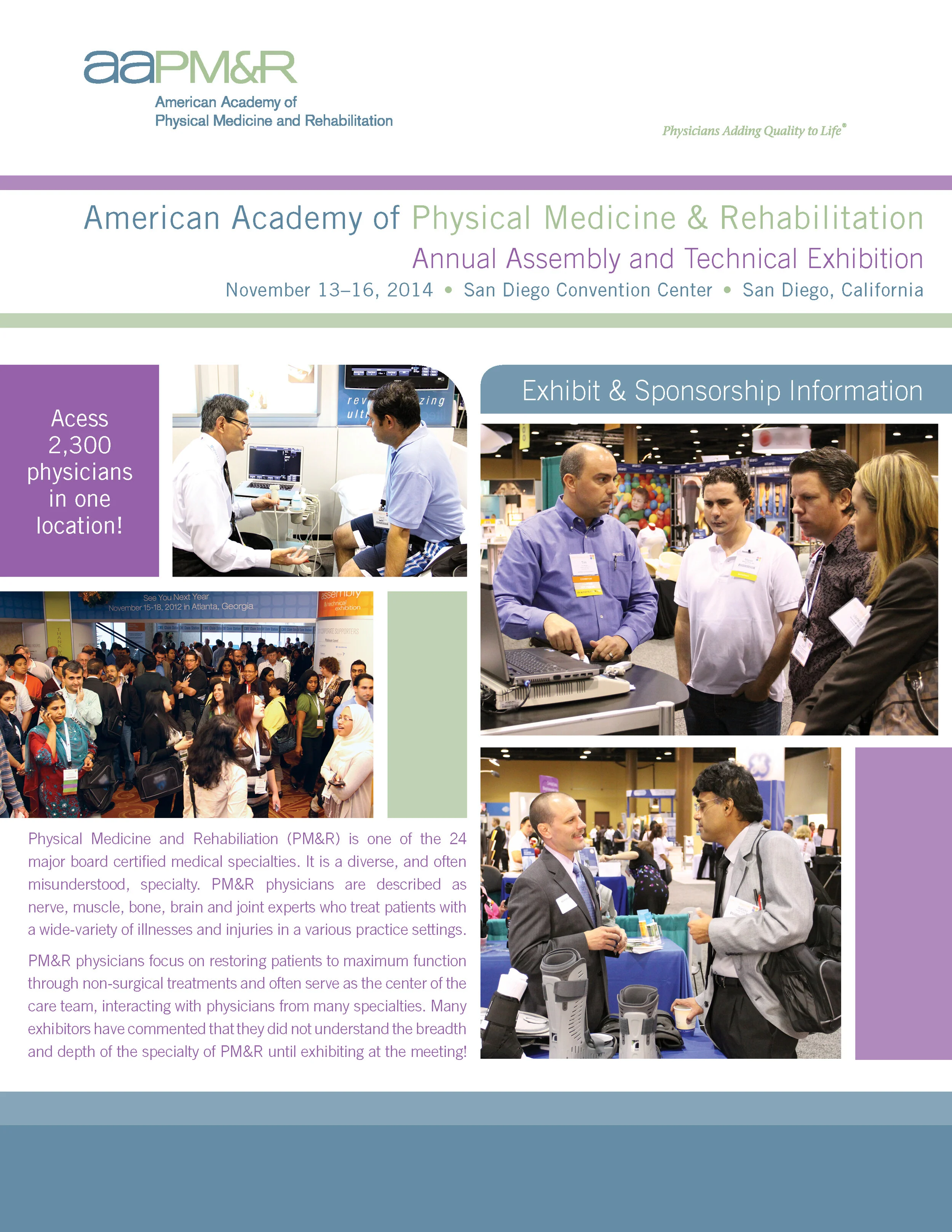Promotional flyer for the American Academy of Physical Medicine & Rehabilitation annual conference, featuring images of physicians interacting at a medical exhibit, a crowded event, and professionals engaged at a trade show.