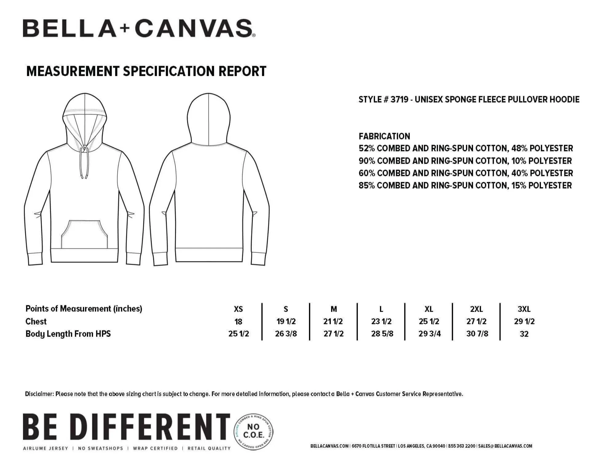 Measurement specification report for a unisex sponge fleece pullover hoodie from Bella + Canvas, showing front and back line drawings, fabric details, and sizing chart from XS to 3XL.