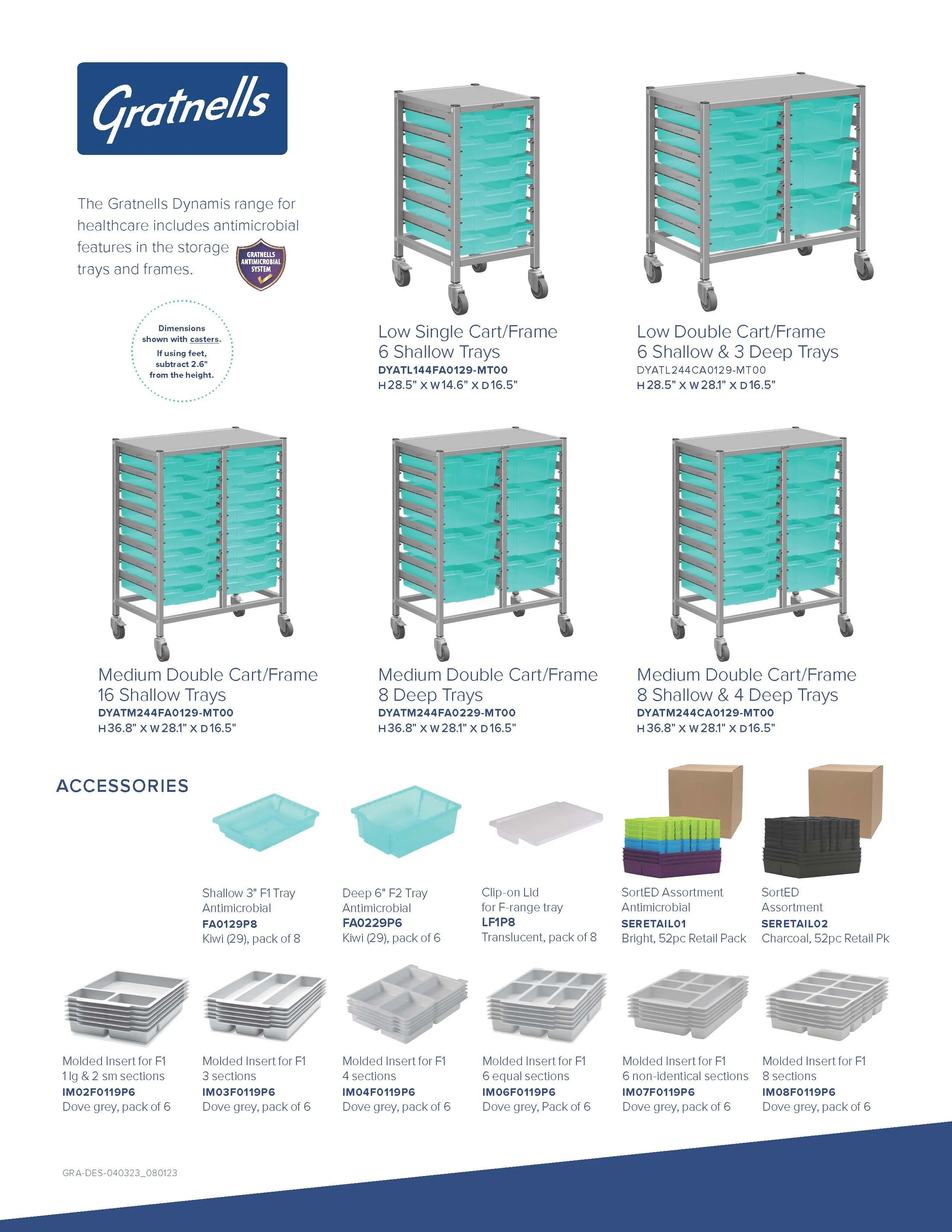 Product catalog page for Gratnells SteriTainer antimicrobial storage carts and accessories, featuring various models with shallow and deep trays, along with tray inserts, lids, and organized antimicrobial accessories.