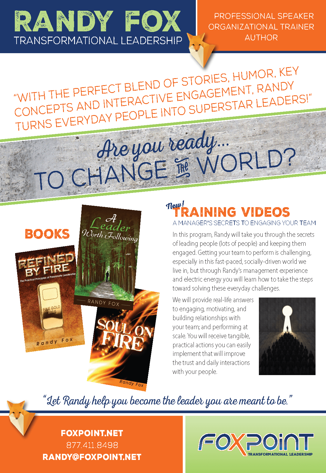 Flyer advertising Randy Fox's transformational leadership training with books, training videos, and contact information, including website, phone number, and email.