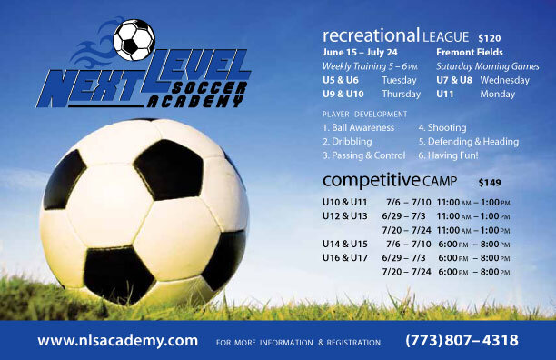 Flyer for Next Level Soccer Academy promoting recreational and competitive soccer camps, with a large soccer ball on grass, schedule, and contact info.