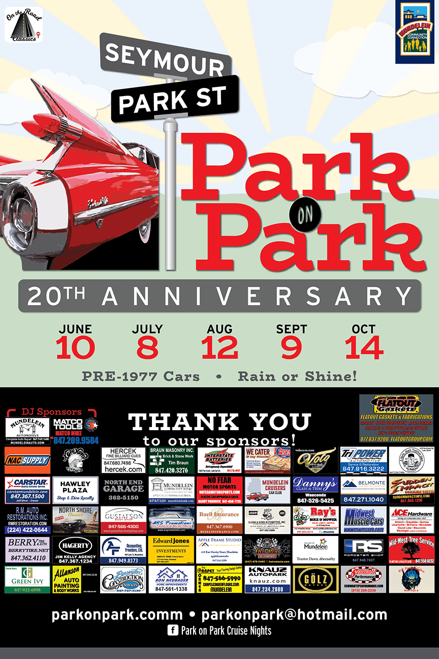 Event poster celebrating the 20th anniversary of Park on Park at the intersection of Seymour and Park Street, featuring a red classic car, with dates June 10, July 8, August 12, September 9, and October 14, and sponsorship logos and contact informati