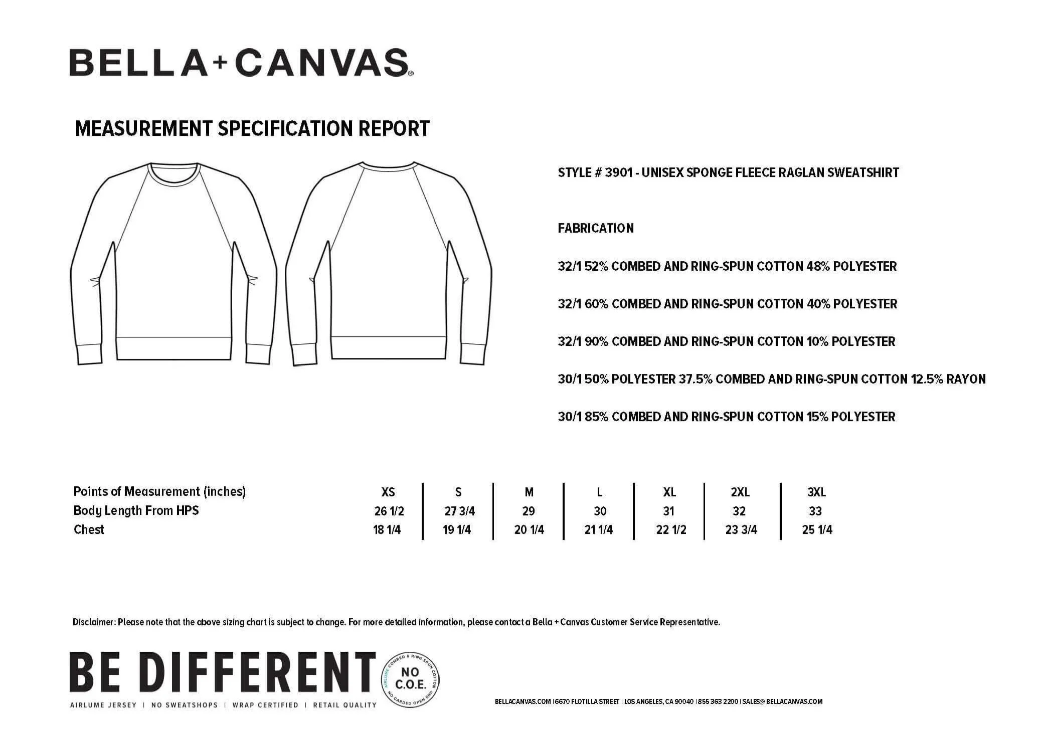 Measurement specification report for Bella + Canvas unisex sponge fleece raglan sweatshirt, showing front and back sketches and fabric composition details.