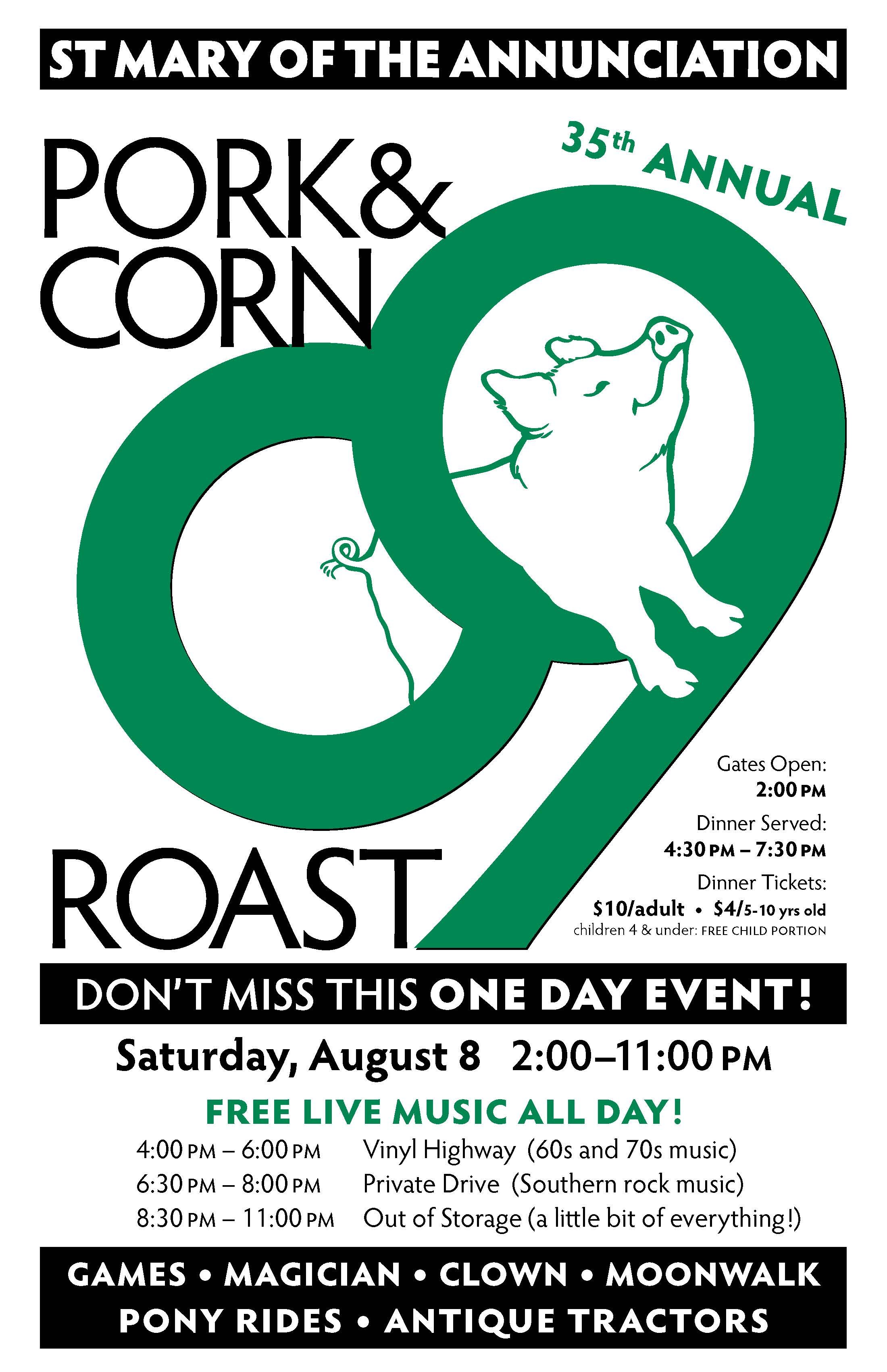 Event poster advertising the 35th annual Pork & Corn Roast at St. Mary of the Annunciation, featuring a drawing of a pig inside a large green number nine, with details about event time, tickets, and entertainment.