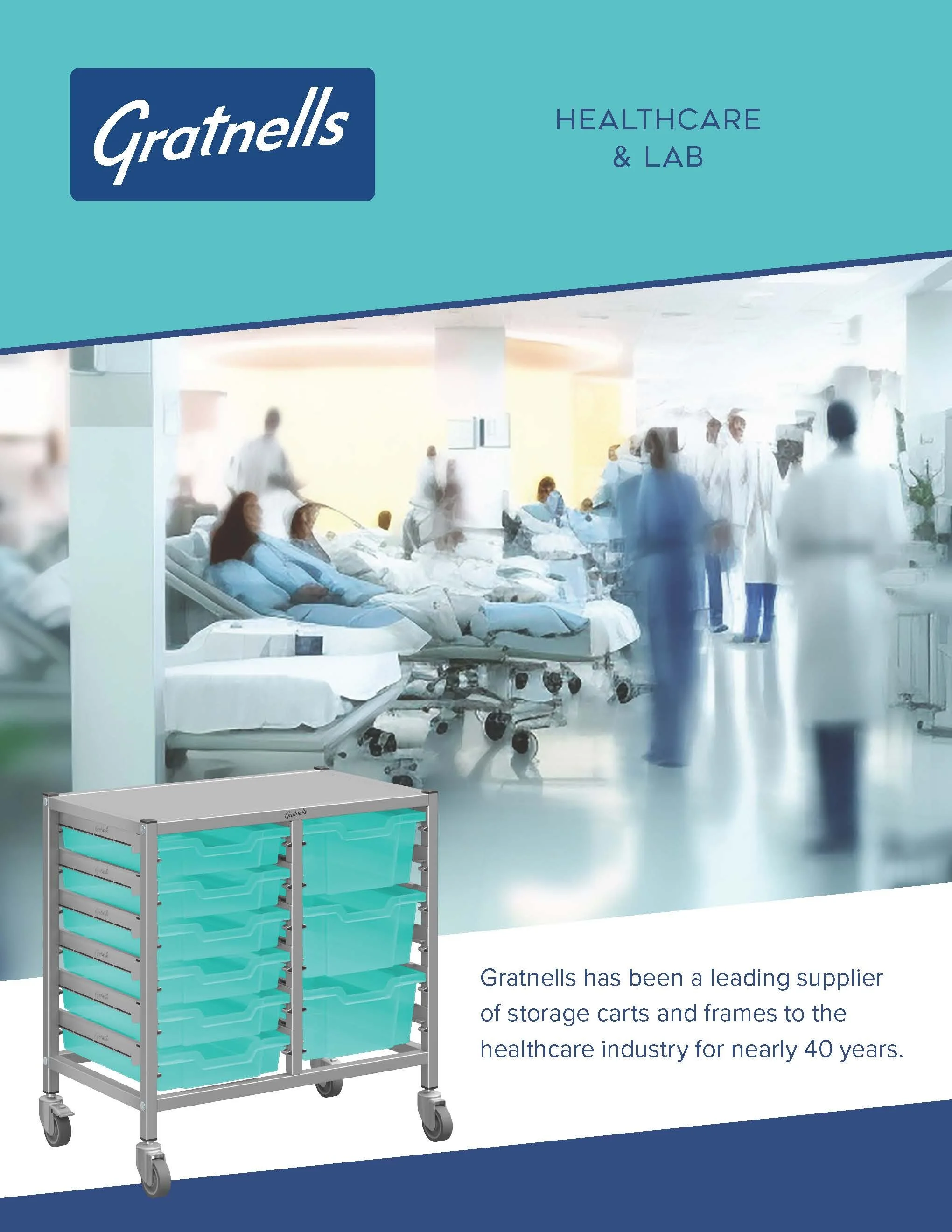Brochure cover of Gratnells healthcare storage carts with a background image of a busy hospital ward with patients and medical staff.