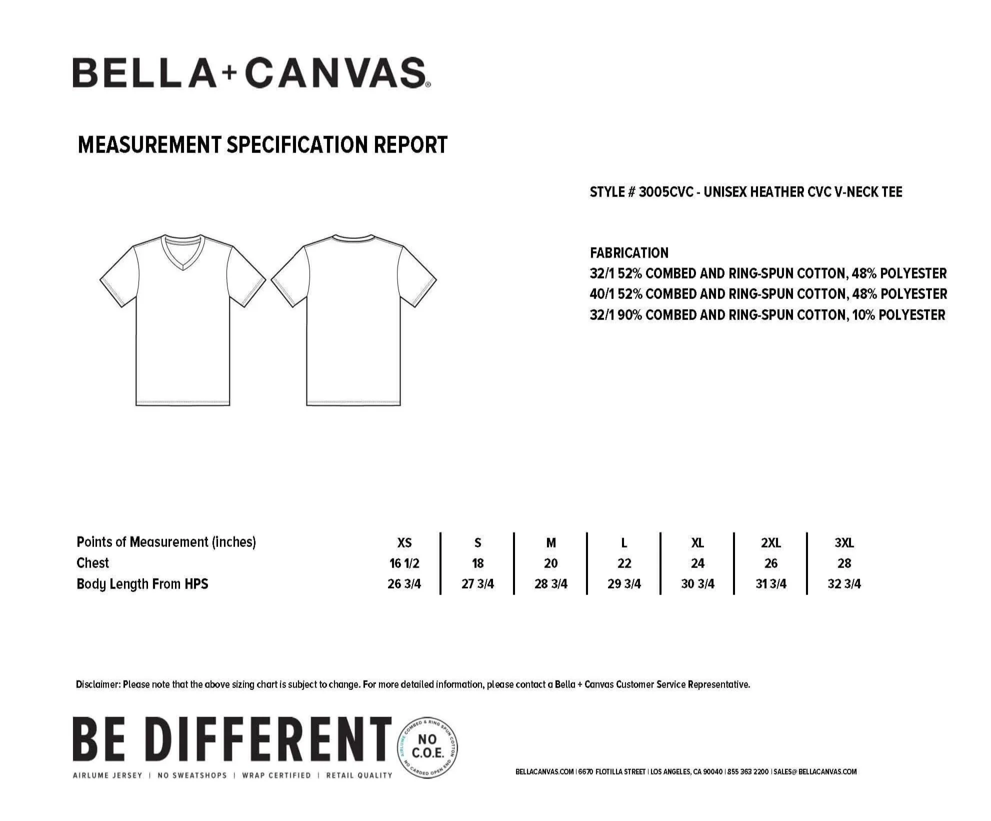 Measurement specification report for a unisex Heather CVC V-neck tee shirt, including sketches, fabric details, and sizing chart from Bell Canvas.