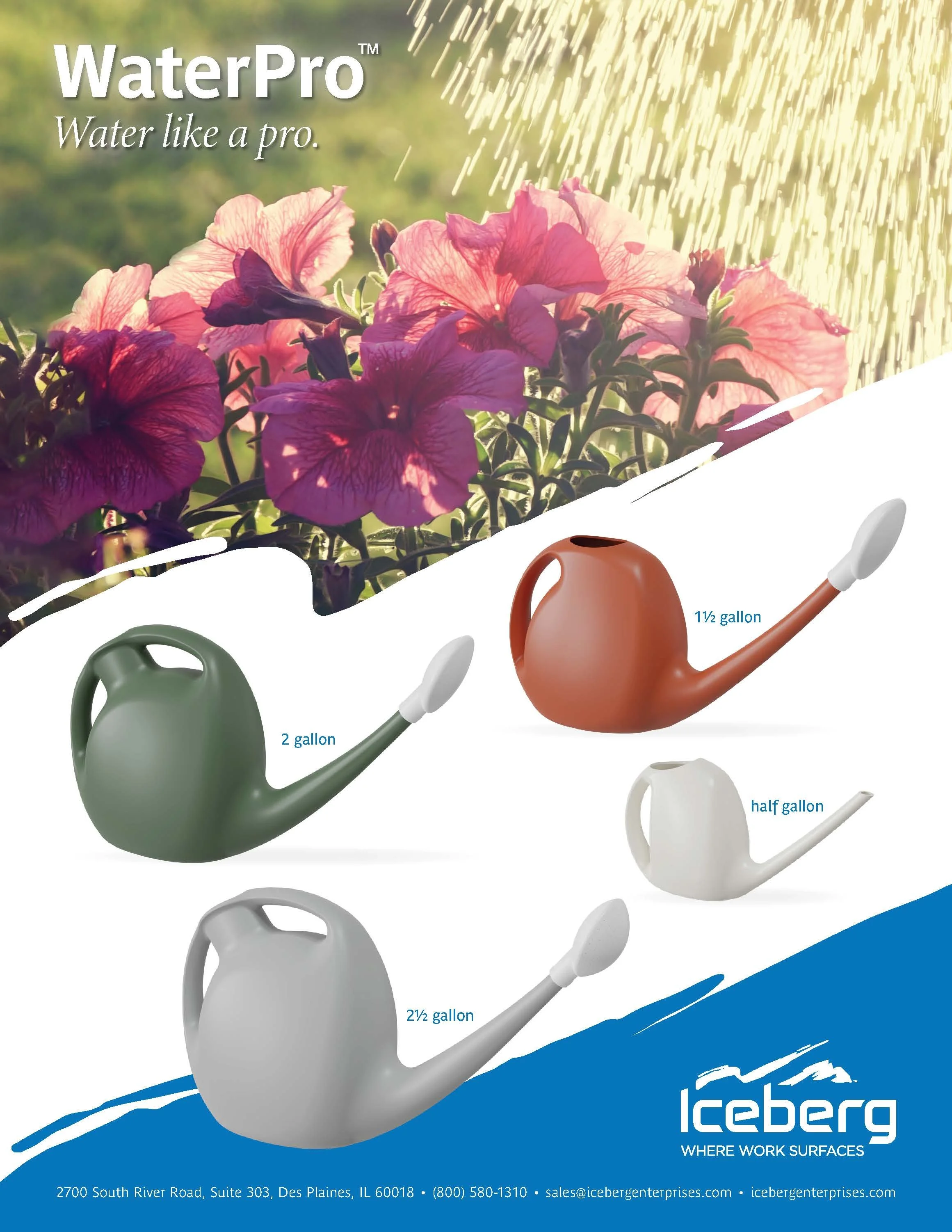 Advertisement for Iceberg watering cans showing three models of watering cans of different sizes and colors with their respective water capacities labeled: 2 gallons, 1.5 gallons, half gallon, and 2.5 gallons. The background features colorful flowers