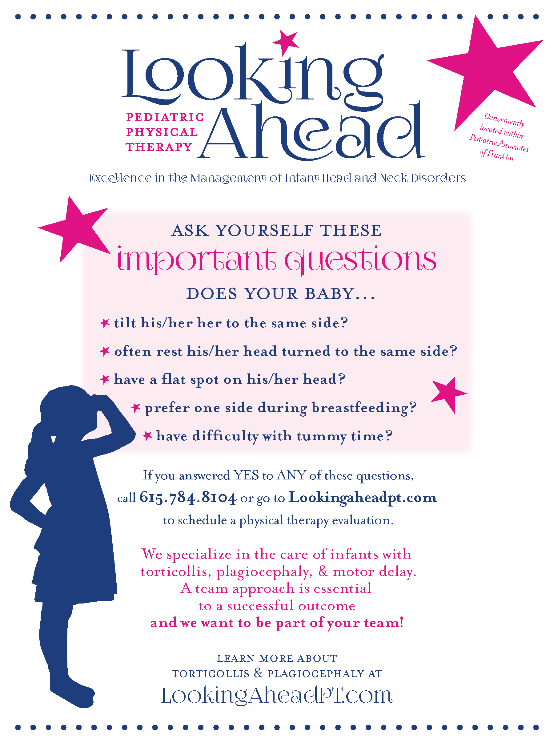 Flyer for pediatric physical therapy clinic called Looking Ahead, featuring questions about infant head and neck disorders, with contact information and website, decorated with pink stars and a silhouette of a child.