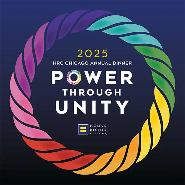2025 HRC Chicago Annual Dinner with the theme 'Power Through Unity', featuring a colorful circular rope design in rainbow colors and the Human Rights Campaign logo.