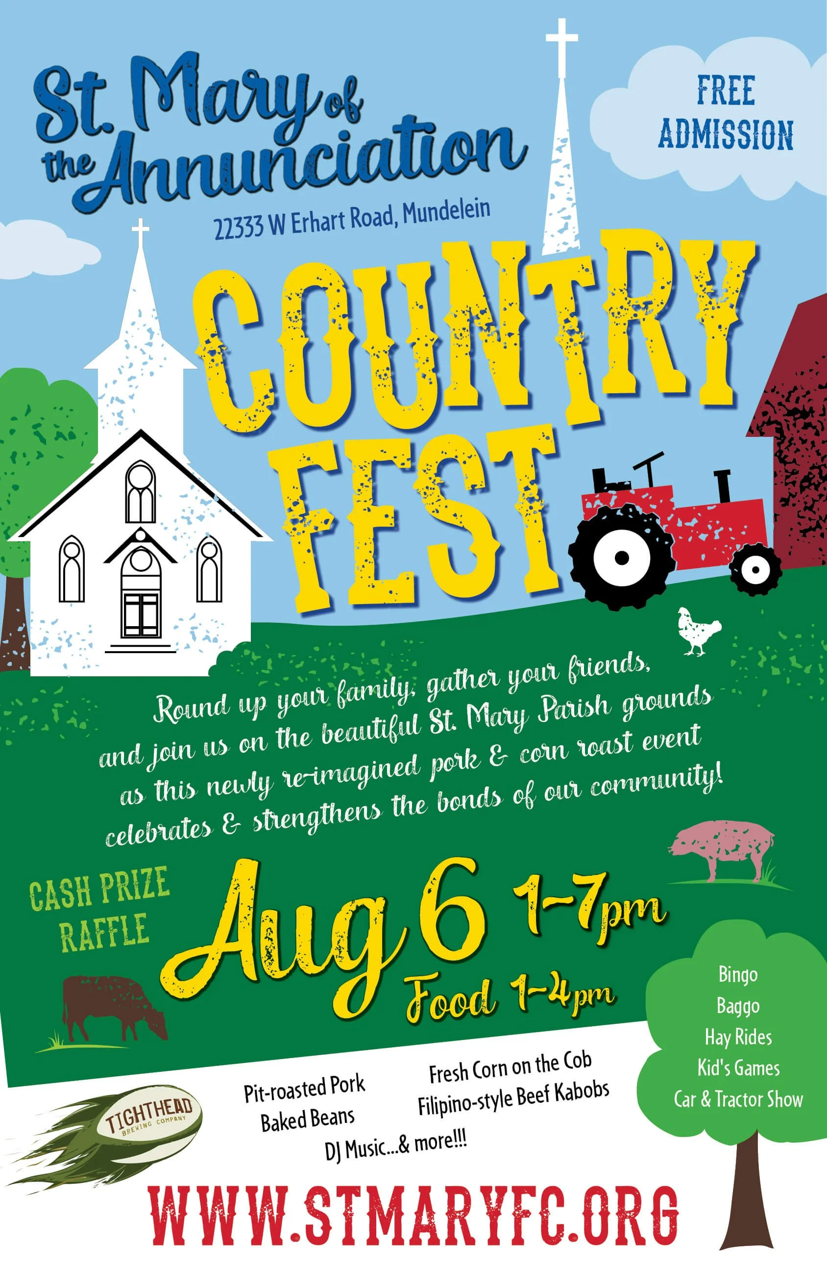 Flyer for St. Mary of the Annunciation Country Fest on August 6 from 1 to 7 pm at 22333 W Erhart Road, Mundelein. Features food, games, hay rides, a car and tractor show, DJ music, and a raffle, with free admission.