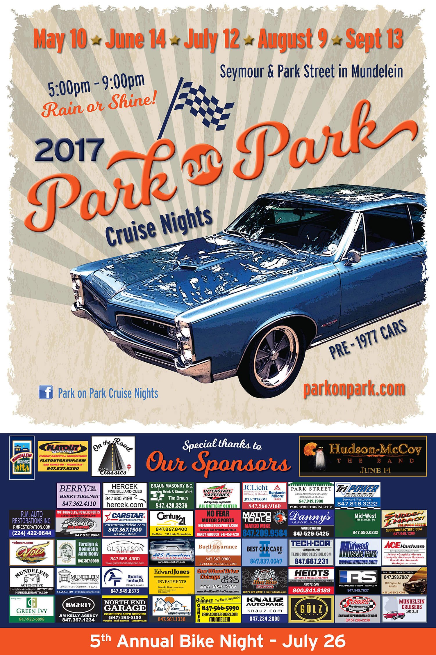 Poster for 2017 Park on Park Cruise Nights event featuring a classic blue 1977 Pontiac GTO car, event dates, location, and sponsor logos.