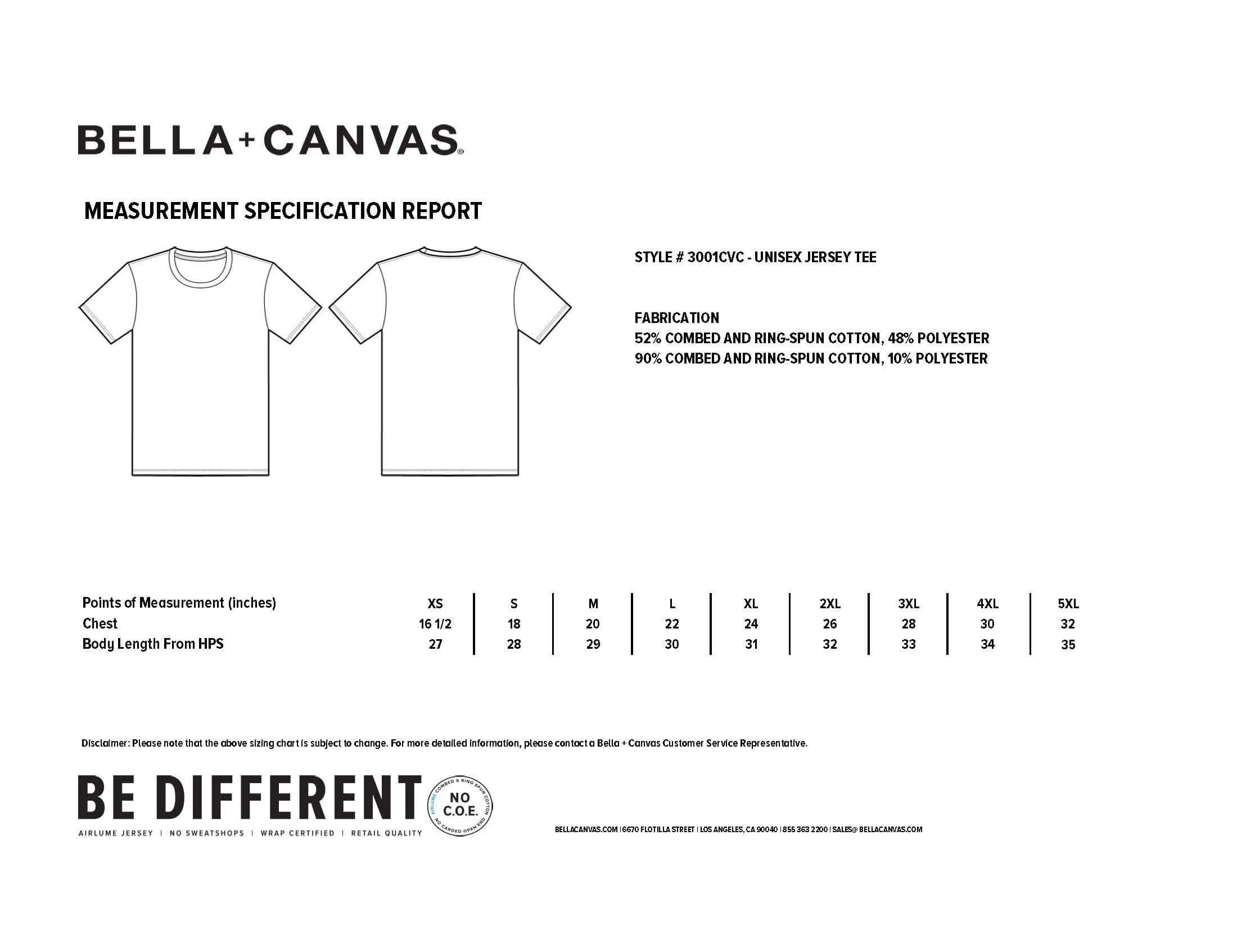 Measurement specification report for a unisex jersey tee, style #3001CVC, showing front and back line drawings and sizing details from XS to 5XL.