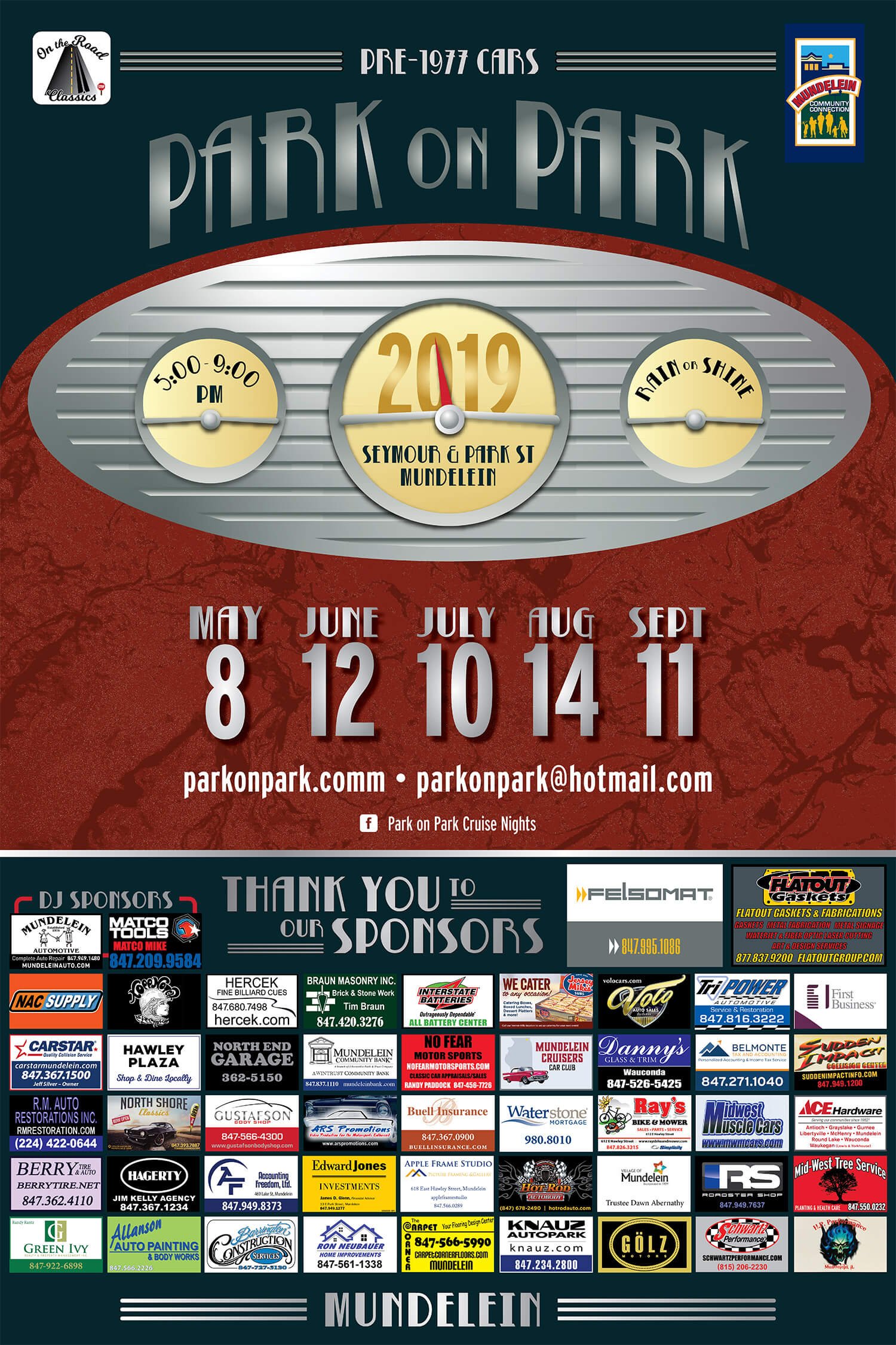 Poster for 'Park on Park', a series of cruise nights in Mundelein, Illinois, with event dates from May to September 2019, running from 5 to 9 pm, sponsored by local businesses.