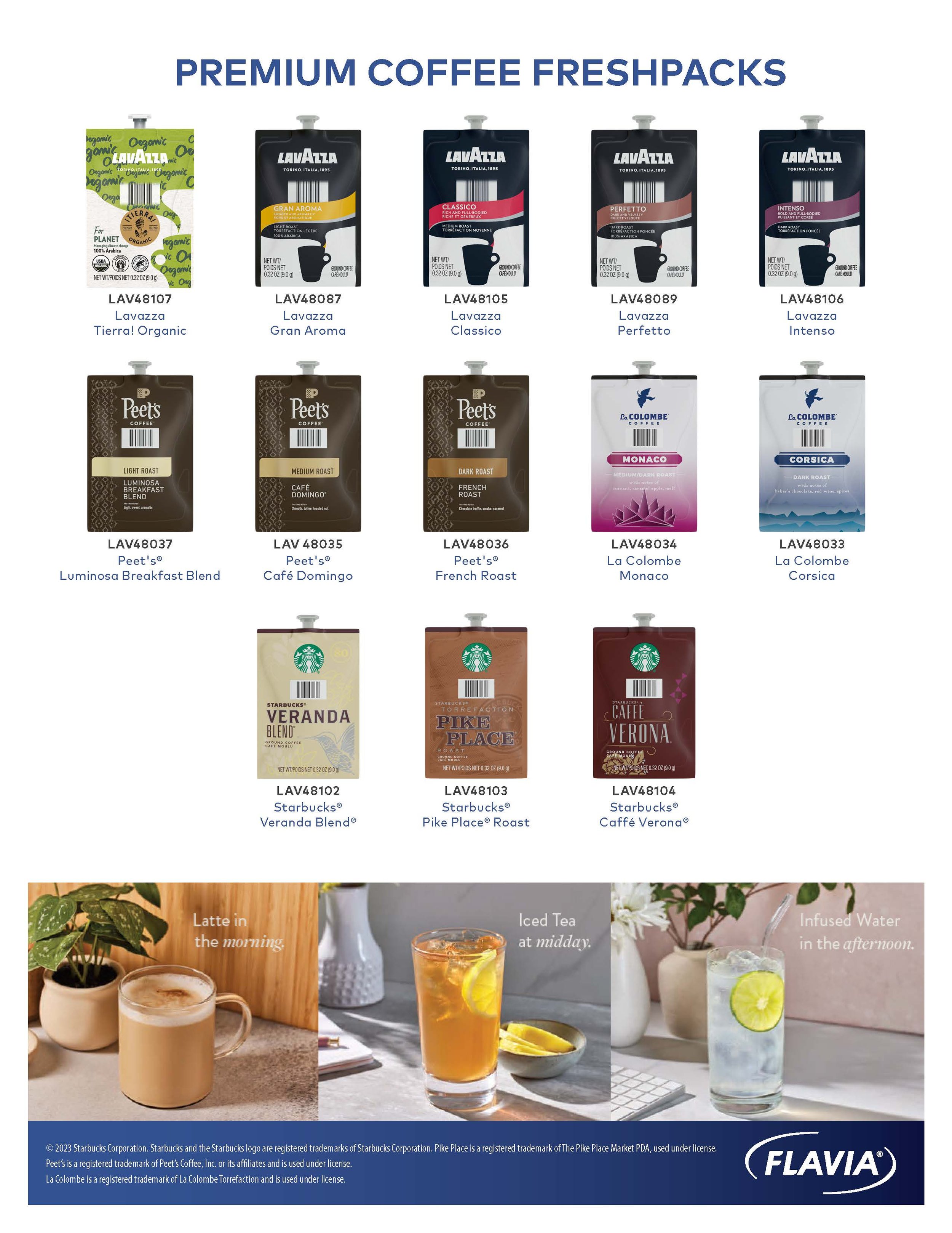 Display of various premium Starbucks coffee packagings, including Lavazza, Peet's, La Colombe, and Starbucks, with images of coffee drinks in the foreground.