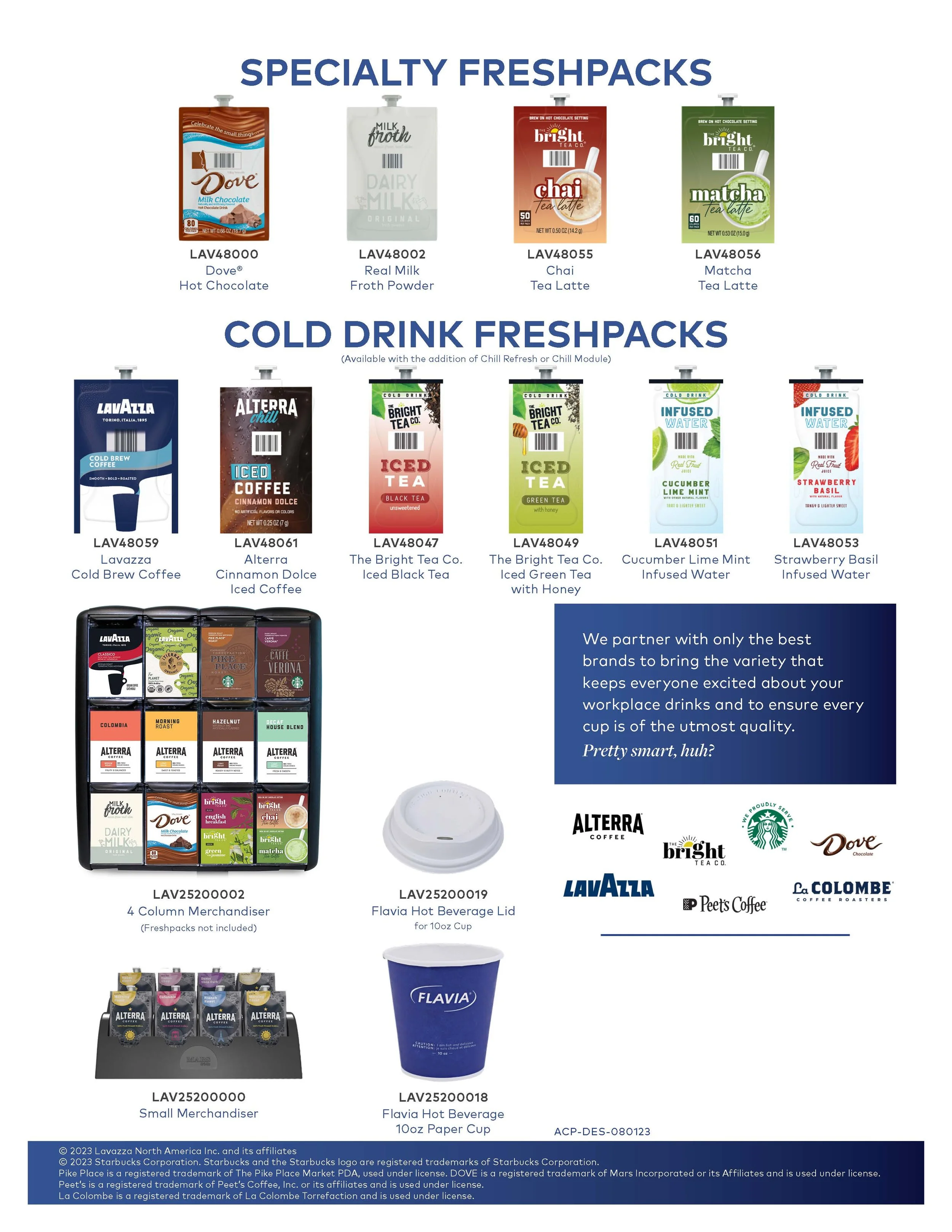 A menu showcasing specialty freshpacks and cold drink freshpacks including various coffee, tea, and water options, along with merchandise and beverage containers.