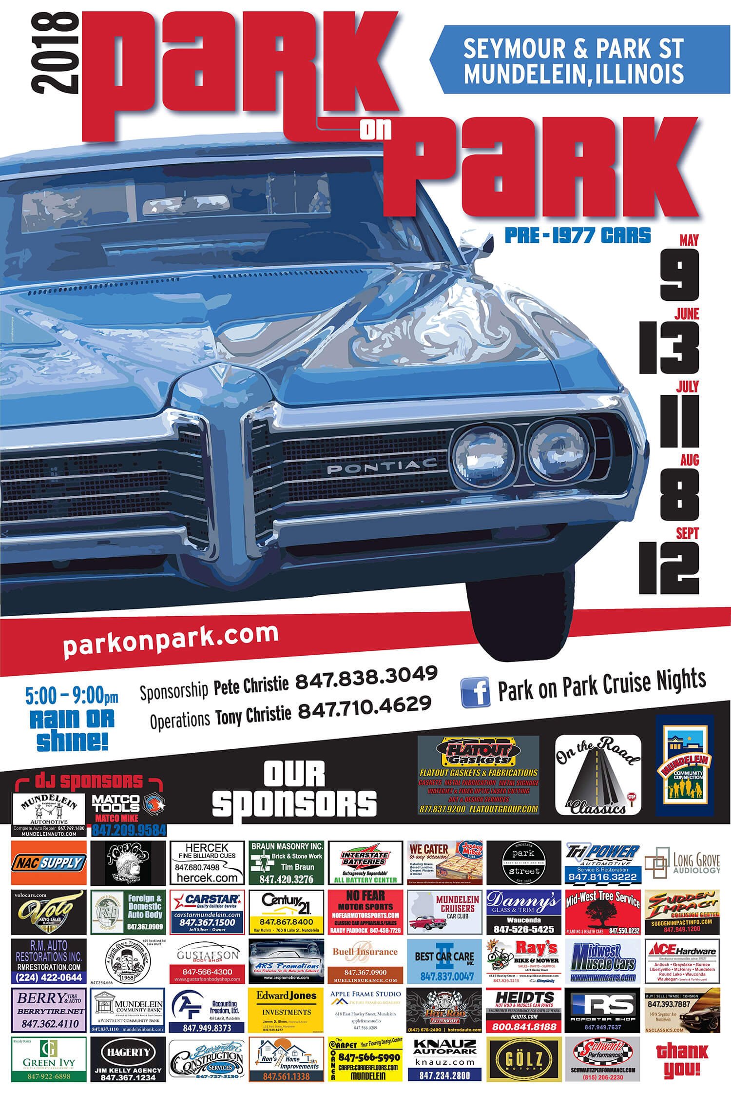 A vintage 1970s blue Pontiac car is featured prominently in an event poster for the 2018 'Park on Park' car show in Mundelein, Illinois, with dates from May 9 to September 12. The poster includes contact information, sponsors, and logos for various l