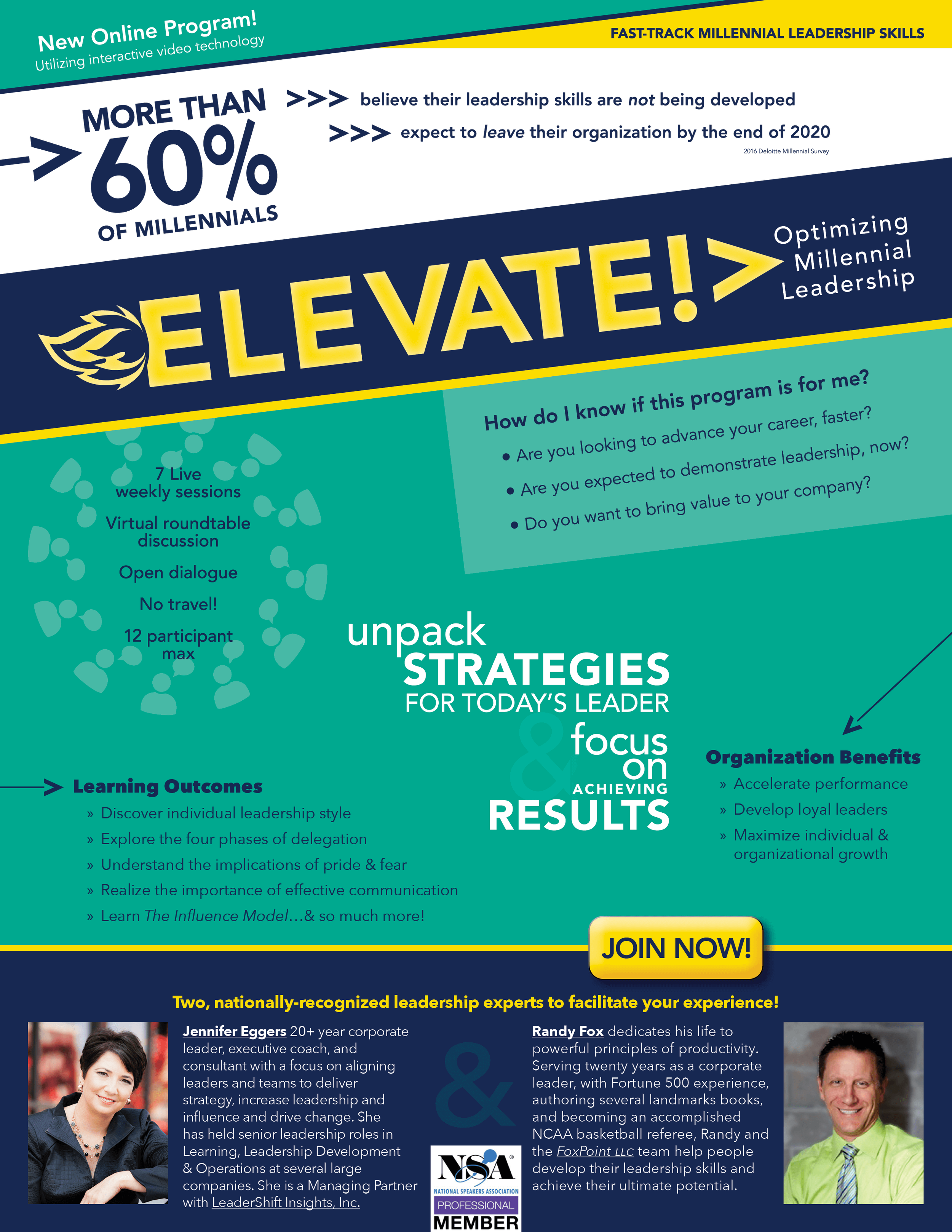 Promotional flyer for an online leadership program titled 'Elevate!', focusing on millennial leadership skills. Includes details about weekly sessions, leadership outcomes, organization benefits, and features images of two leadership experts, Jennife