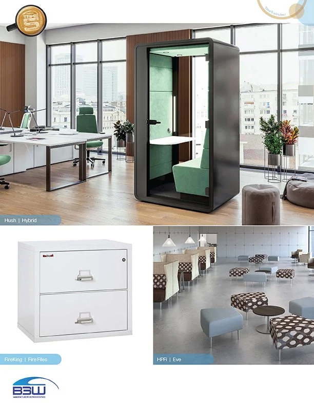 A modern office space with large windows, a green desk chair, plants, and a futuristic soundproof pod for private meetings or calls. The image also shows a white filing cabinet and a lounge area with chairs and tables in the lower part.