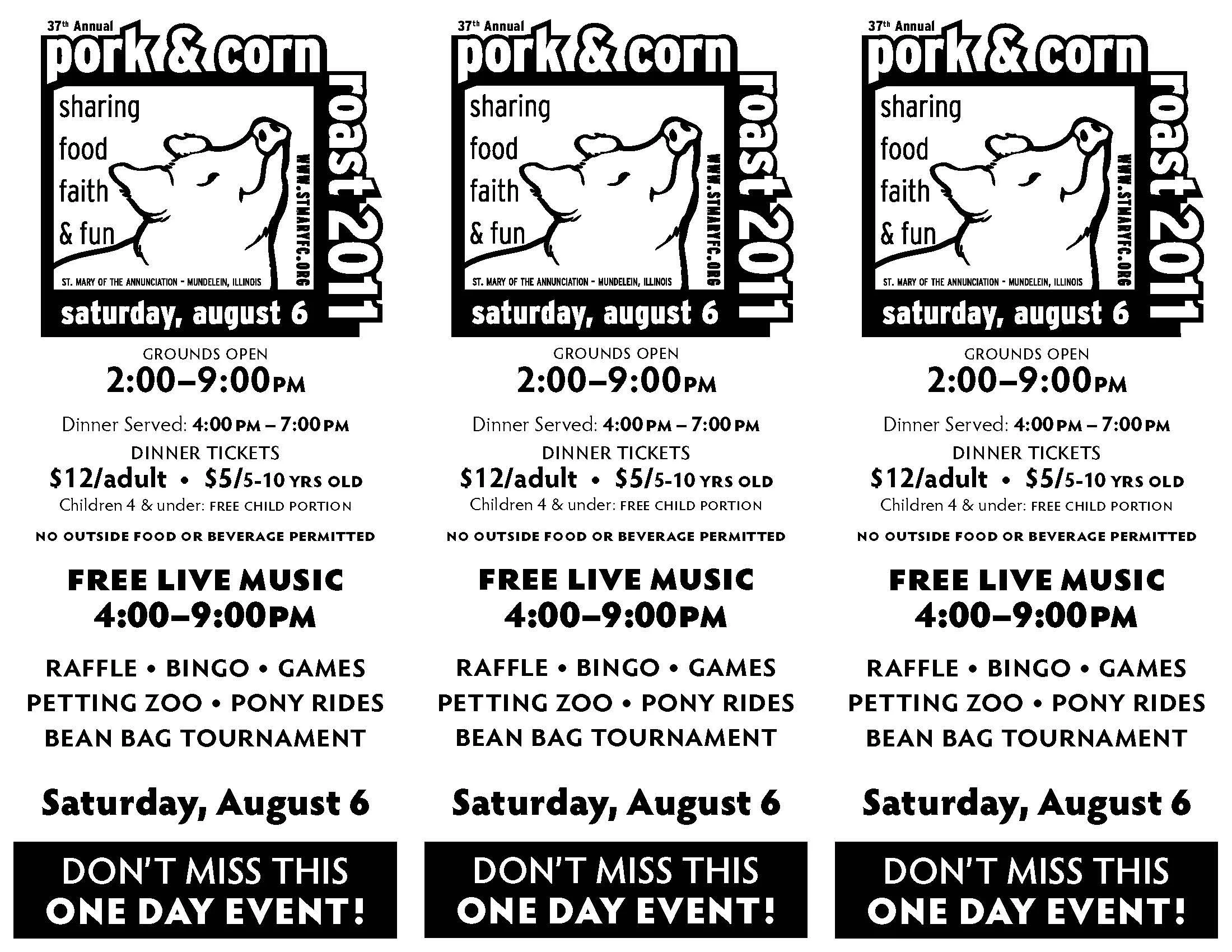 Event poster for the 37th Annual Pork & Corn Festival in Mendlein, Illinois, on August 6, 2011, featuring a pig illustration, event times, ticket prices, and activities like live music, raffle, bingo, games, petting zoo, pony rides, and bean bag tour