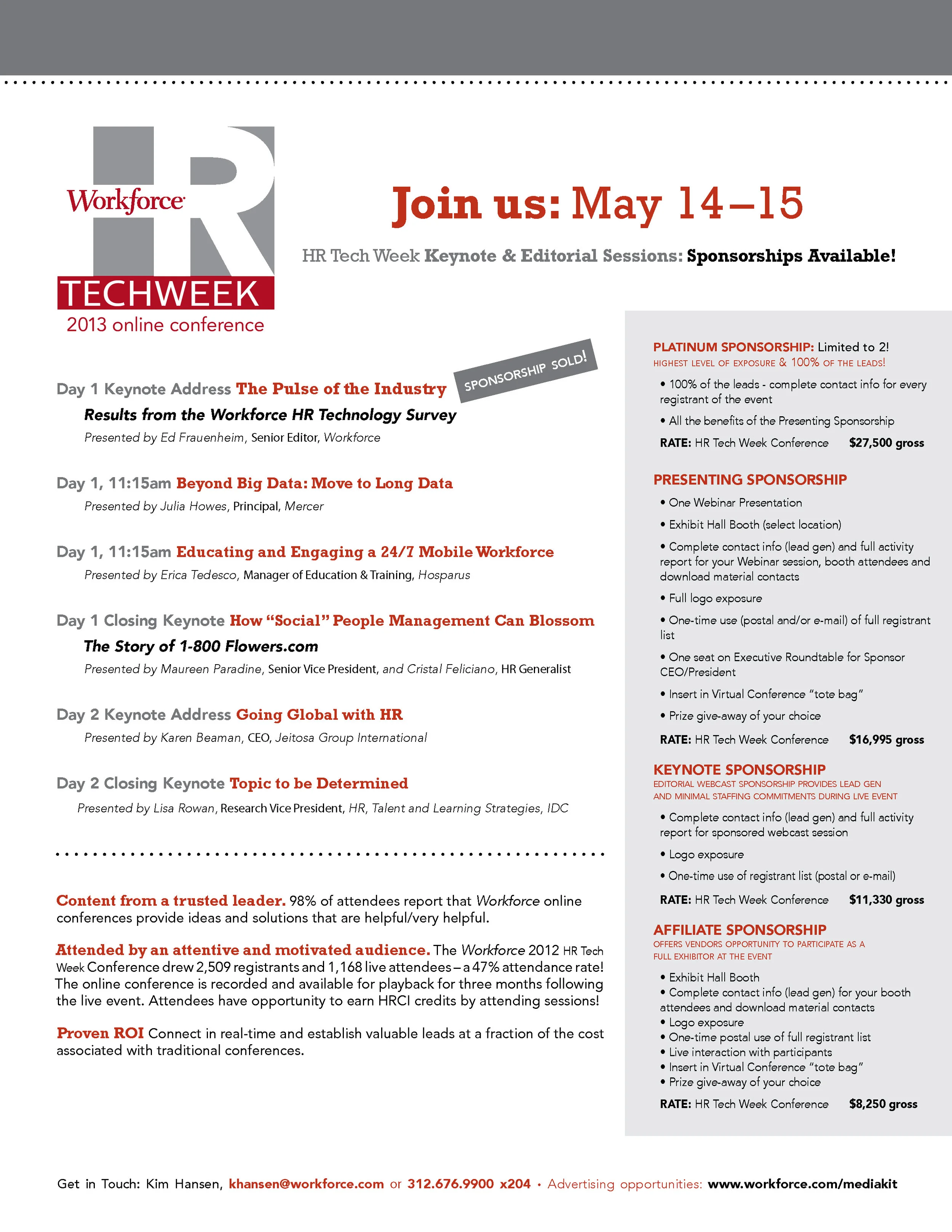 HR Tech Week 2013 online conference schedule with keynote addresses, sponsorship details, and registration information.