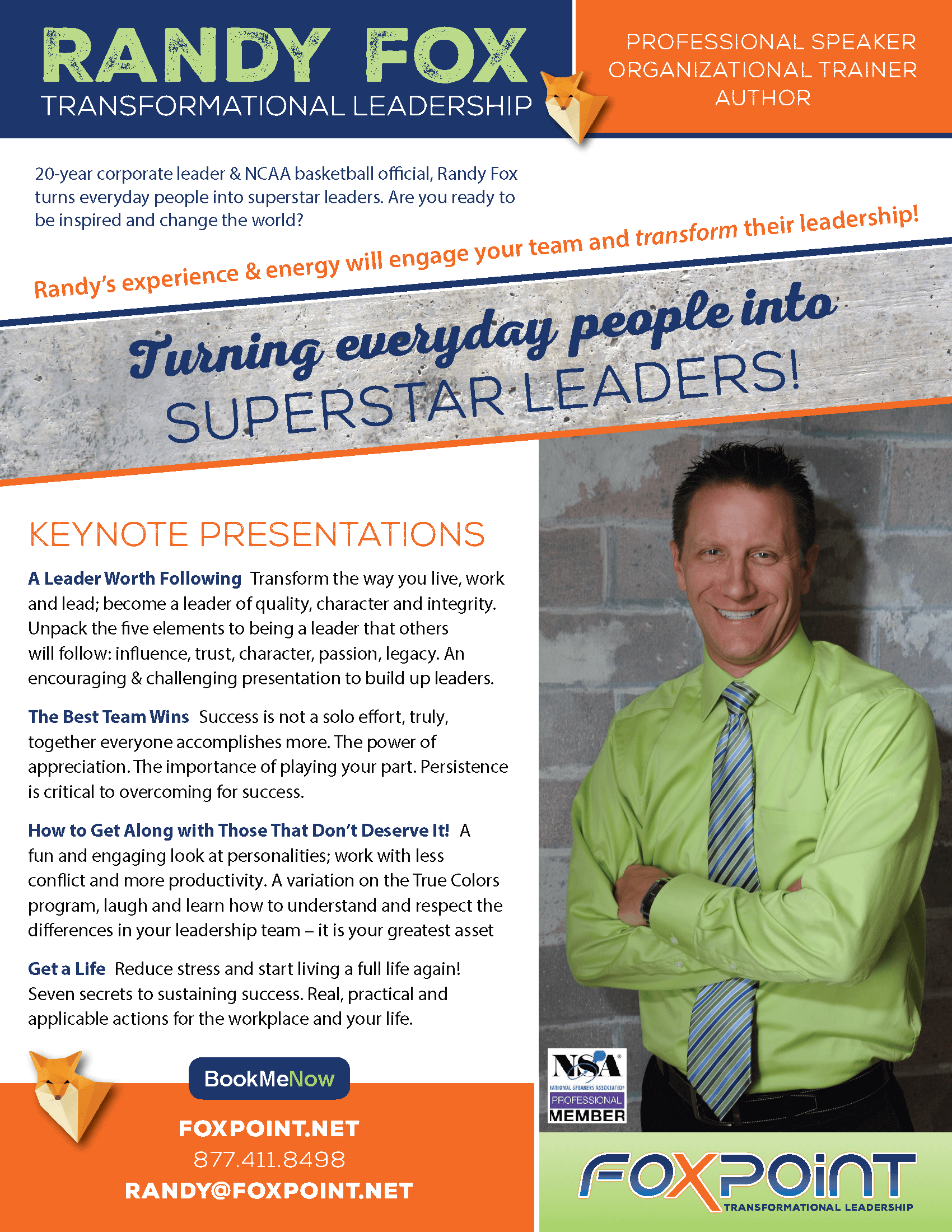 Poster for Randy Fox, a professional speaker, organizational trainer, and author, featuring a photo of him in a lime green shirt and striped tie, with text highlighting keynote topics and contact information.