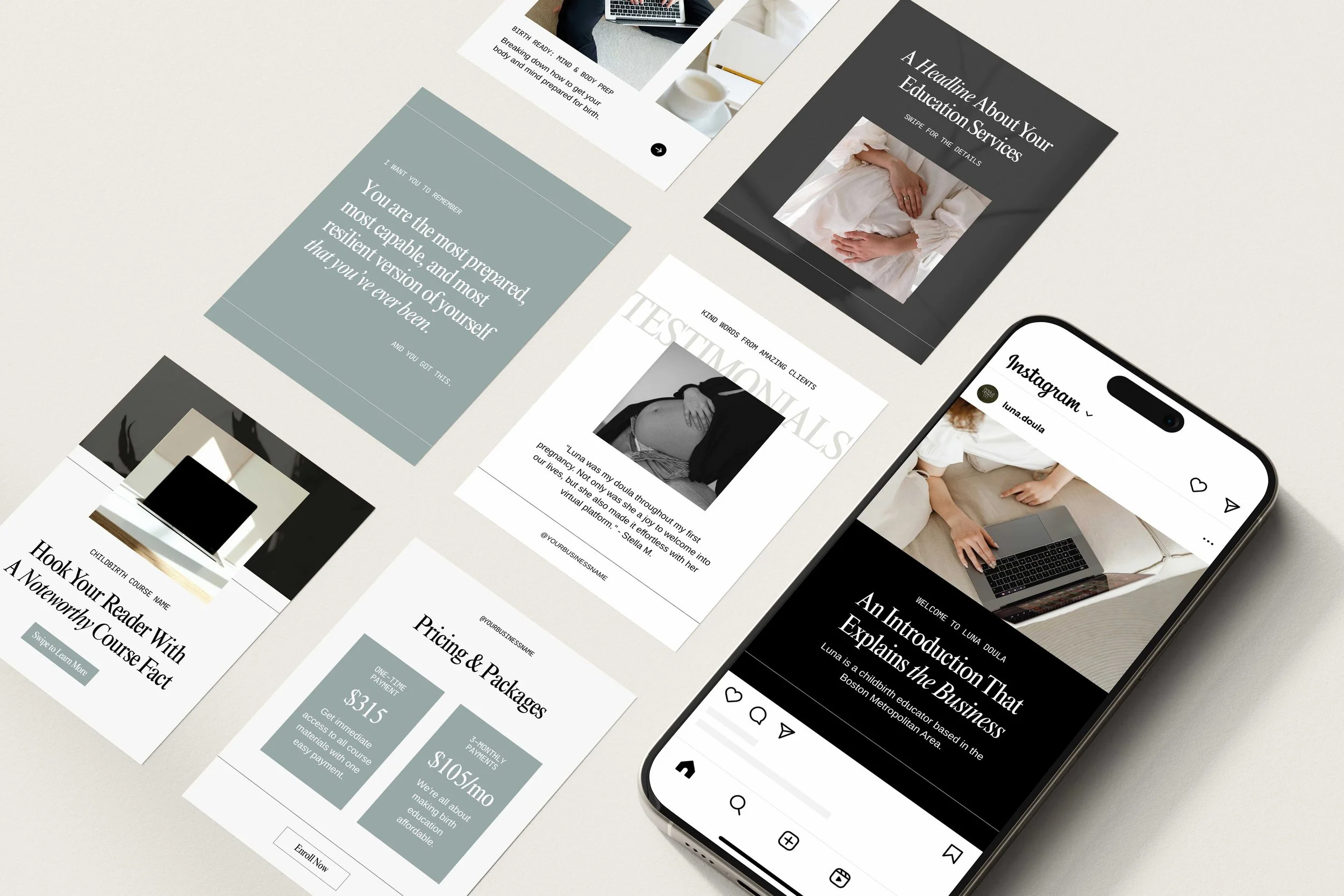 Mockups on the doula Instagram template 'Luna' by Doula Design Co. and Julia Riddle.