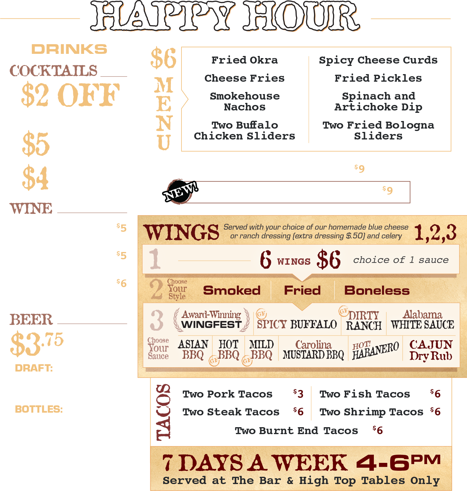A menu board titled 'Happy Hour' featuring food and drink specials, including fried okra, cheese fries, smoked nachos, fried buffalo chicken sliders, spicy cheese curds, fried pickles, spinach and artichoke dip, and fried bologna sliders. The menu displays various wing options with sauce choices like smoked, fried, or boneless, and offers sauces such as award-winning wingfest, spicy buffalo, dirty ranch, Alabama white sauce, and several BBQ options. Additional sections show taco options, including pork, steak, burnt end, fish, shrimp, and vegetarian tacos.