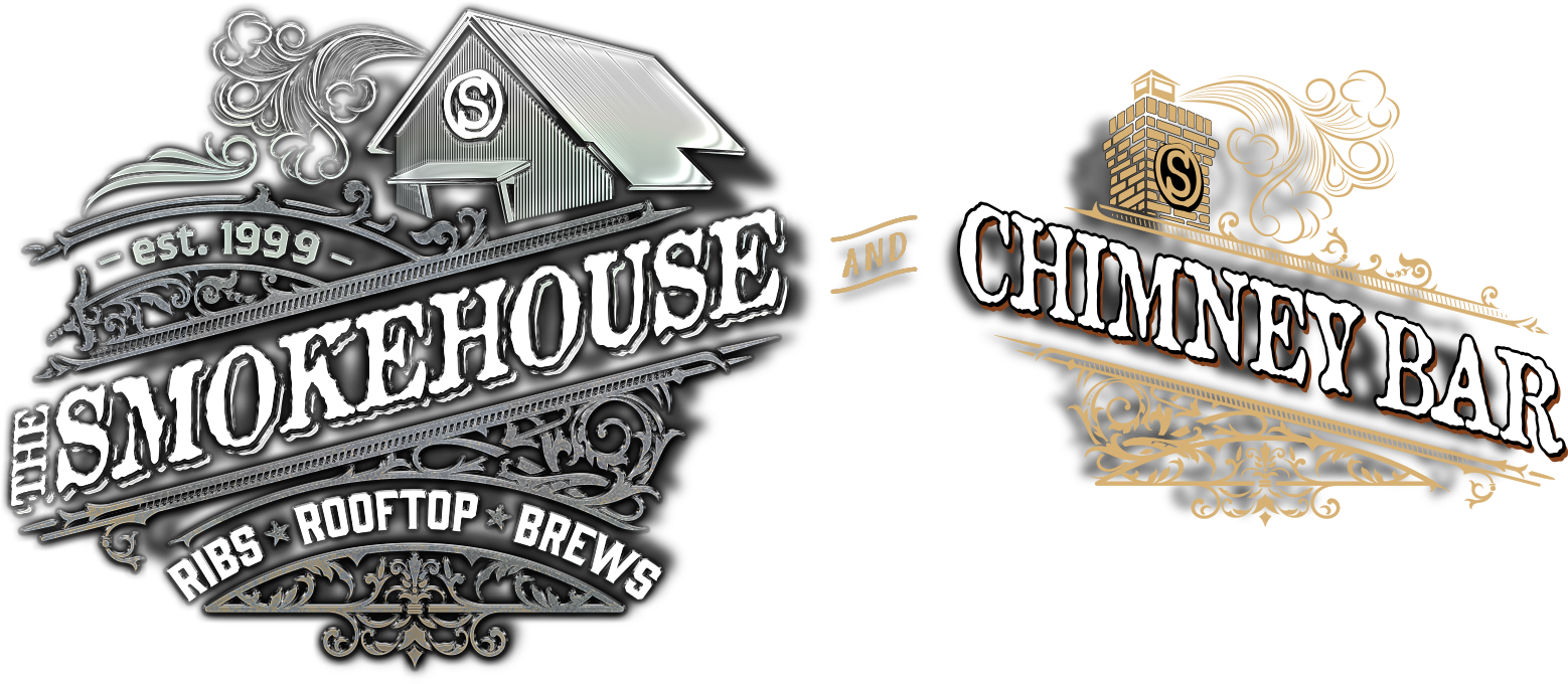 Logo for Smokehouse BBQ restaurant, established in 1999, featuring a house with smoke coming out of the chimney, and text for 'The Smokehouse', 'Ribs', 'Rooftop Brews', alongside another logo for 'Chimney Bar' with a chimney and decorative design.