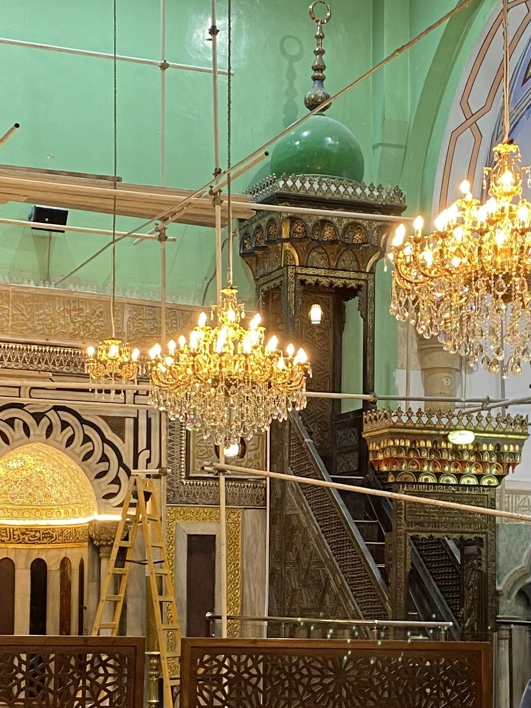 Closest view we could get of the Minbar - pulpit with steps - no nails were used in its construction