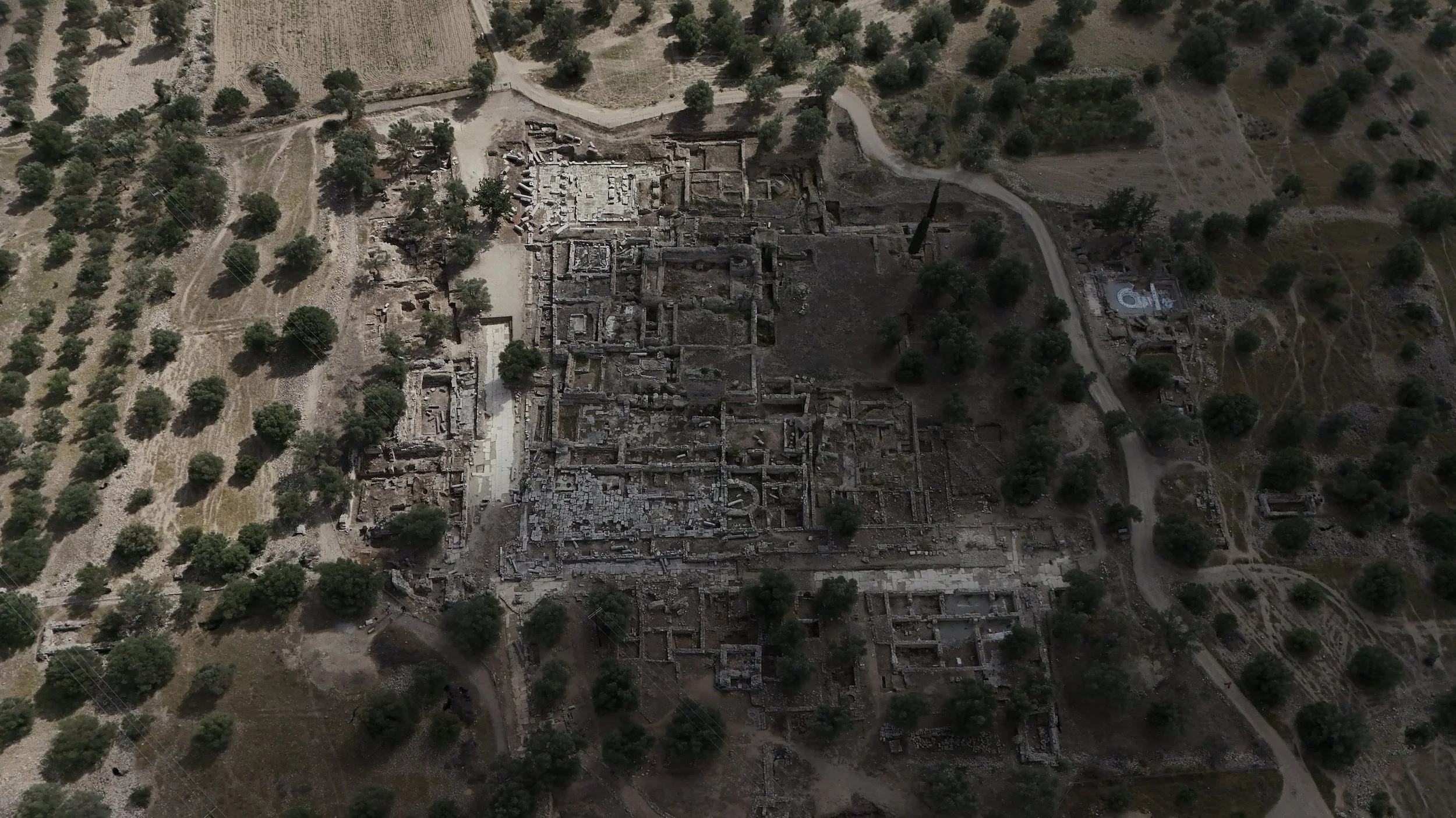 Aerial view of the large temple of Apollo complex just south of the Gortyn archeological park
