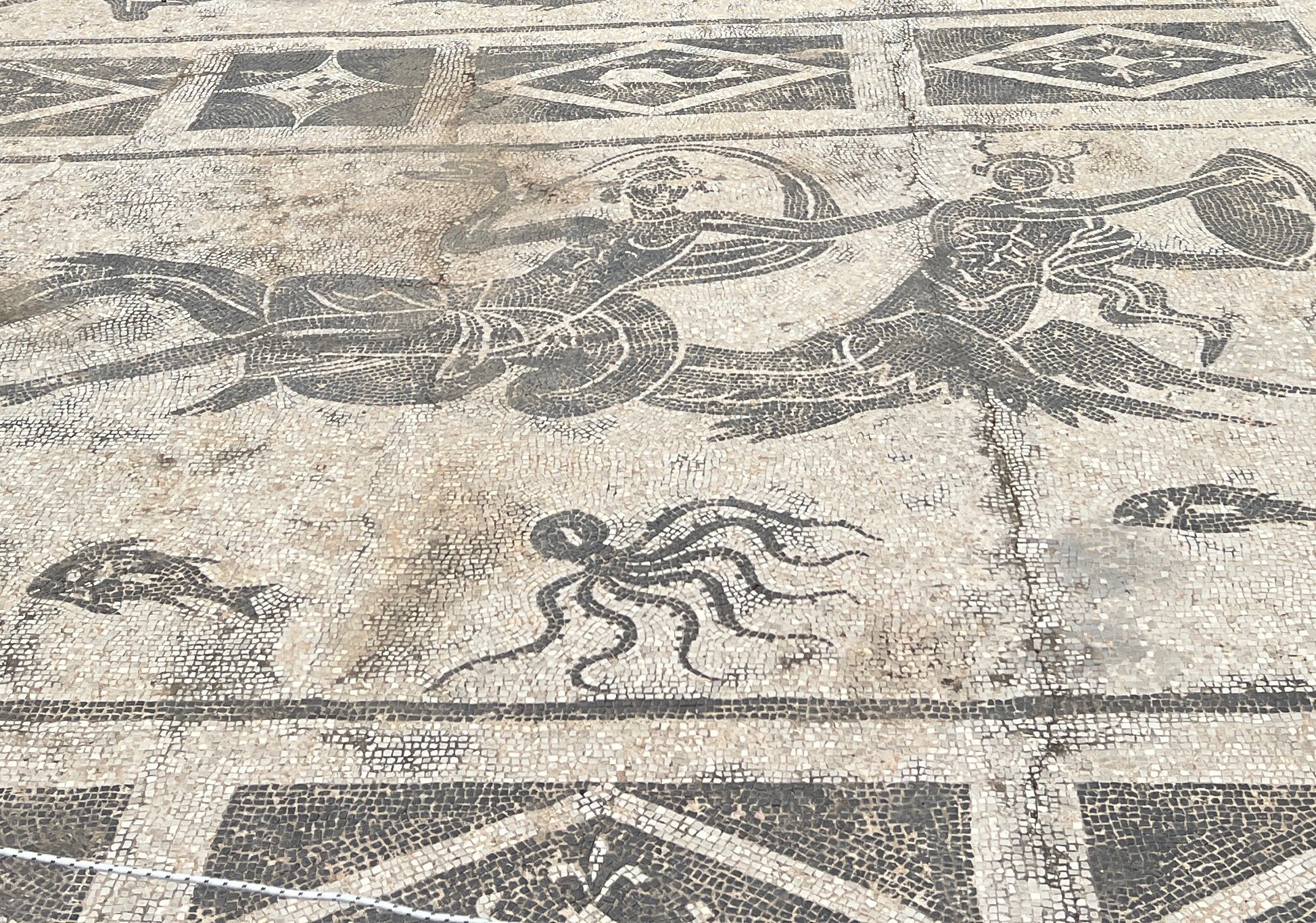 The bath has amazing monochrome mosaic floors depicting sea gods with head of a man and body of a dolphin (Tritons) and Nereids (sea nymphs).