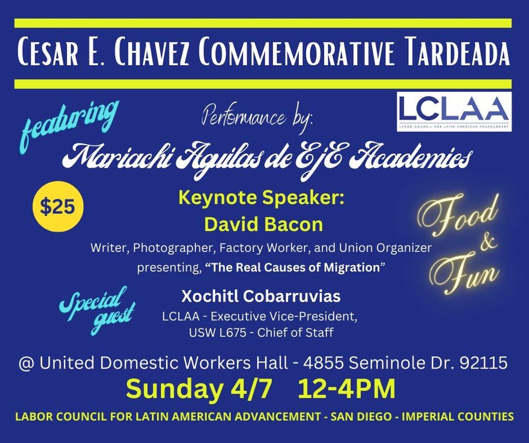 Save the date! Join our hermanos y hermanas from San Diego-Imperial Counties Chapter to its Cesar Chavez Tardeada. Let's honor together this great Latino leader and share with our community! 
#sandiego #tardeada #cesarchavez #california